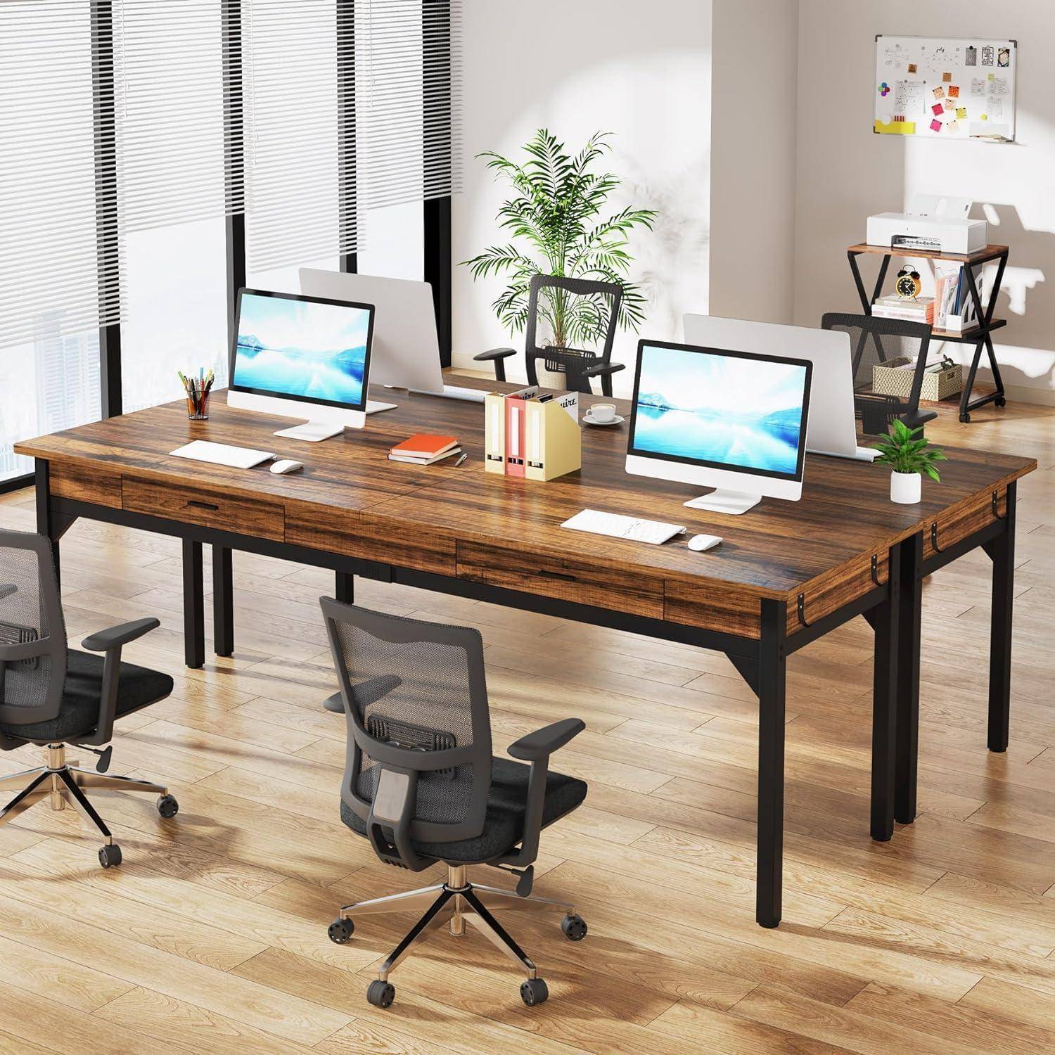 Tribesigns Schreibtisch Computertisch 200 x 60 x 82 cm, Doppelter Langer Schreibtisch mit 2 Schubladen, PC Tisch Bürotisch Arbeitstisch Esstisch Bür