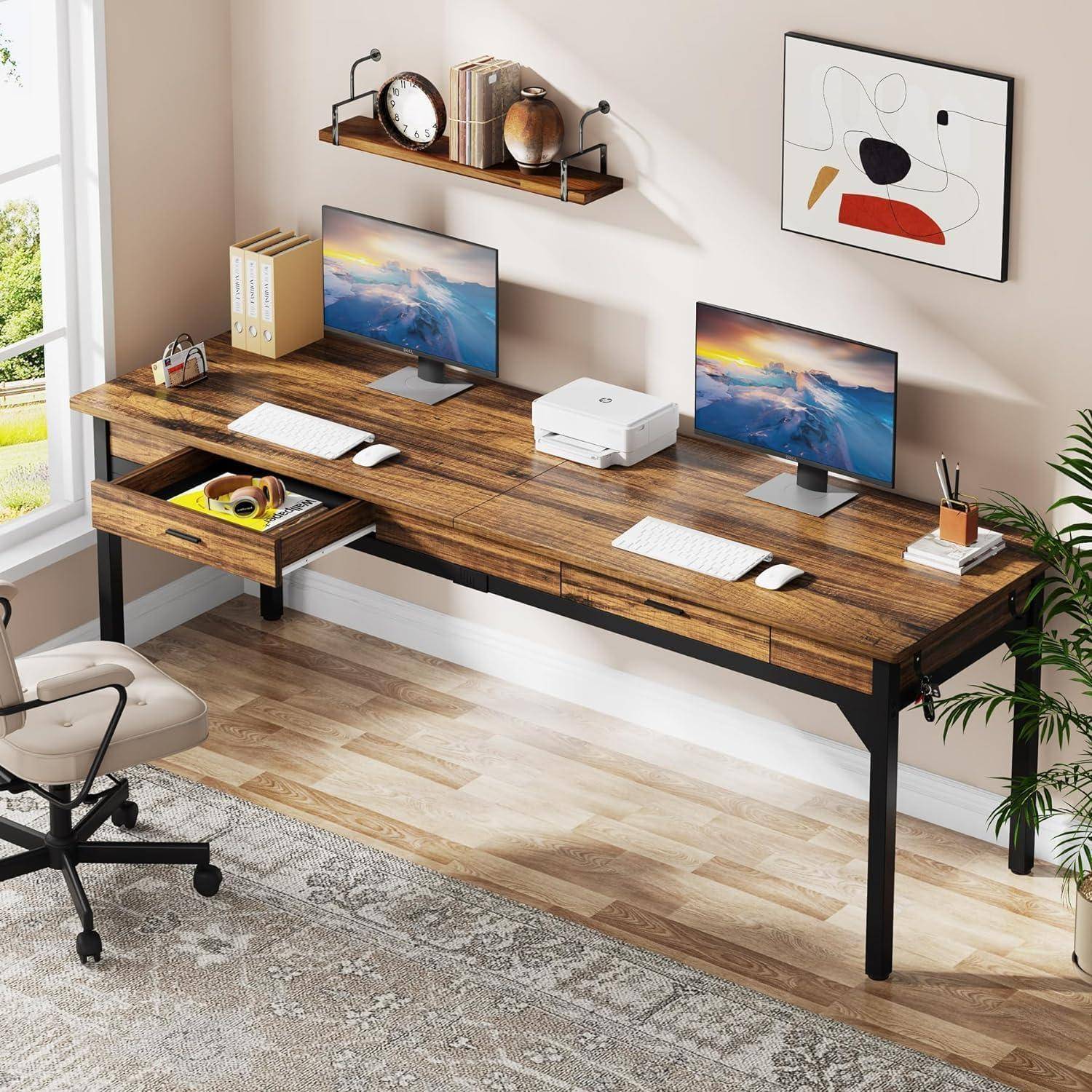 Tribesigns Schreibtisch Computertisch 200 x 60 x 82 cm, Doppelter Langer Schreibtisch mit 2 Schubladen, PC Tisch Bürotisch Arbeitstisch Esstisch Bür