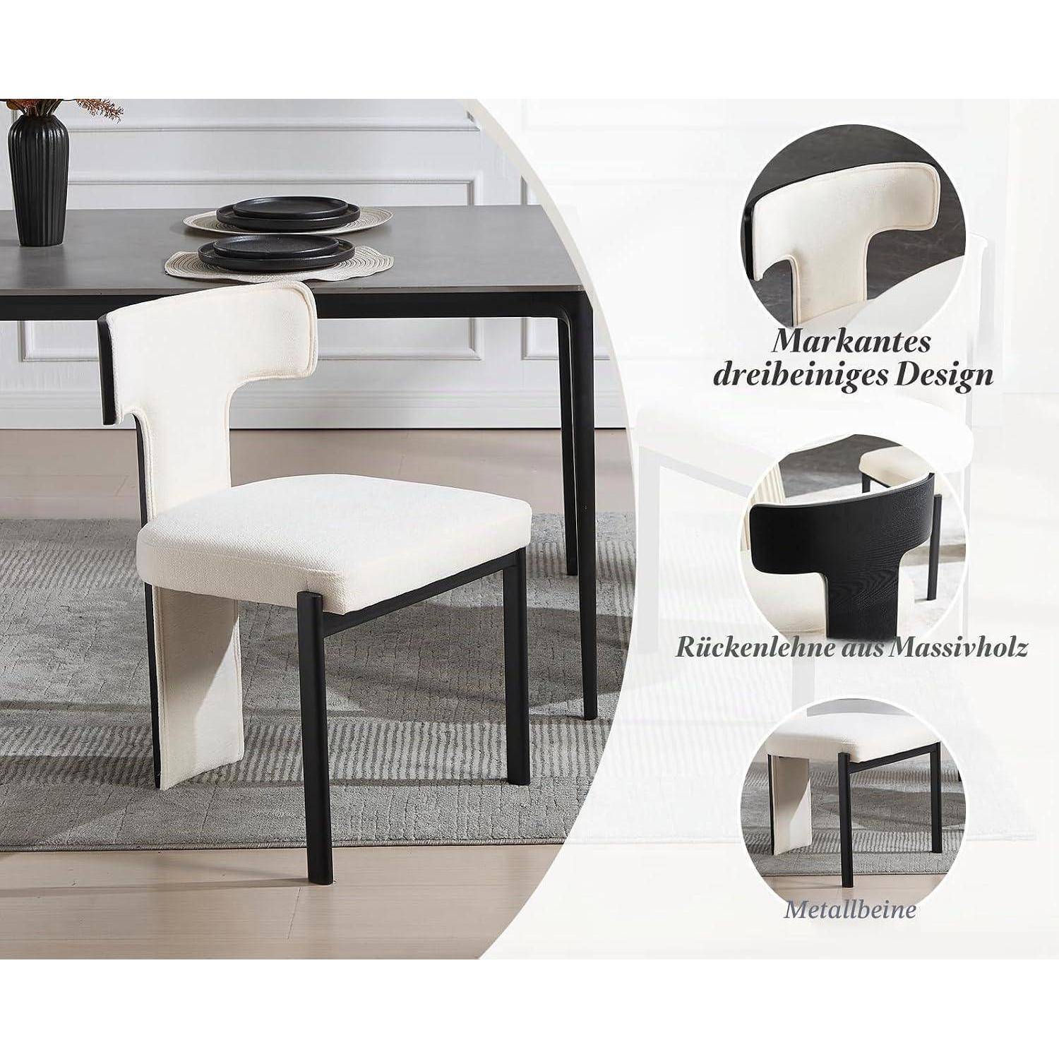 Moderner gepolsterter Speisestuhl mit schwarzen Metallbeinen und massiver Holzrückenlehne, dargestellt in einem Esszimmer; Beschriftungen heben „Markantes dreibeiniges Design