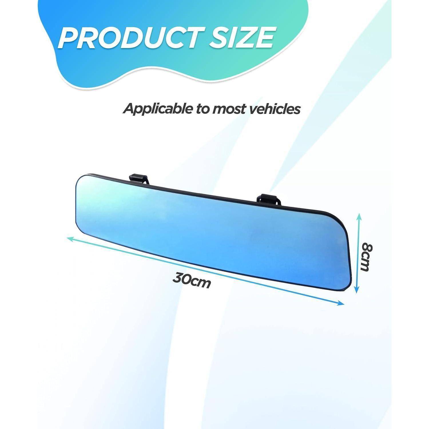 Produktgrößengrafik zeigt einen blauen Rückspiegel-Visier, mit einer Breite von 30 cm und einer Höhe von 8 cm, anwendbar auf die meisten Fahrzeuge.