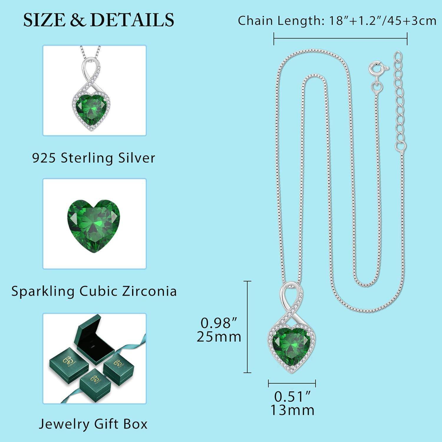 FJ Unendlichkeit Kette Damen 925 Sterling Silber Herz Geburtsstein Halskette Schmuck für Frauen Mutter Freundin Mama 05 Mai - Smaragd