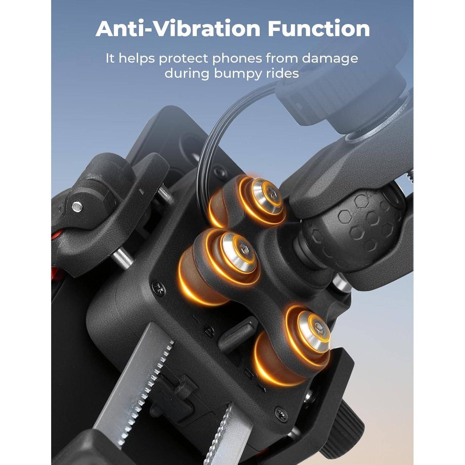 Telefonhalterung mit „Anti-Vibrations-Funktion" und stoßdämpfenden Gelenken, entwickelt zum Schutz von Telefonen vor Beschädigungen während holpriger Fahrten.