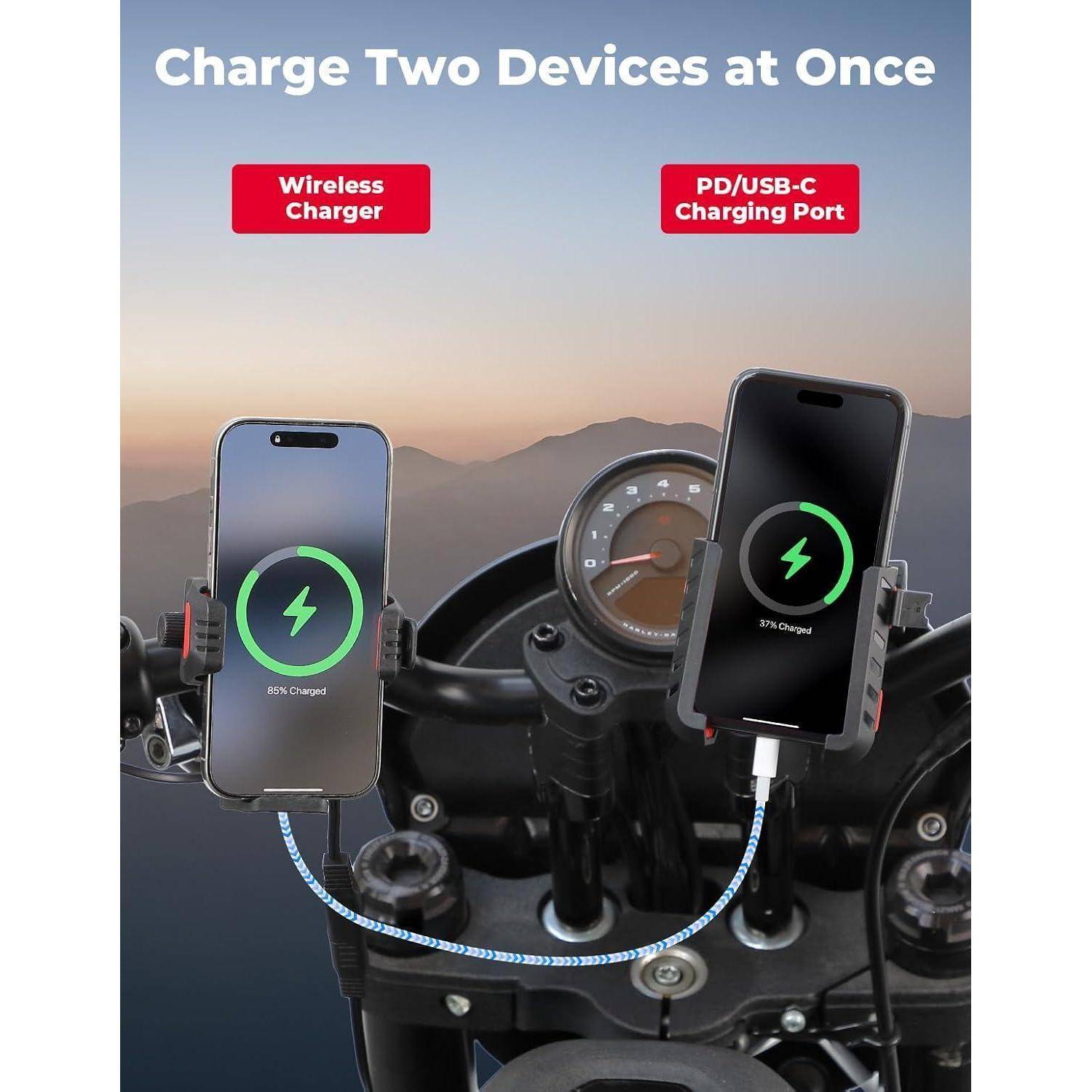 Zwei Telefone, die auf einem Motorrad montiert sind, laden gleichzeitig auf, eines kabellos und eines über USB-C, mit dem Text „Laden Sie zwei Geräte gleichzeitig auf".