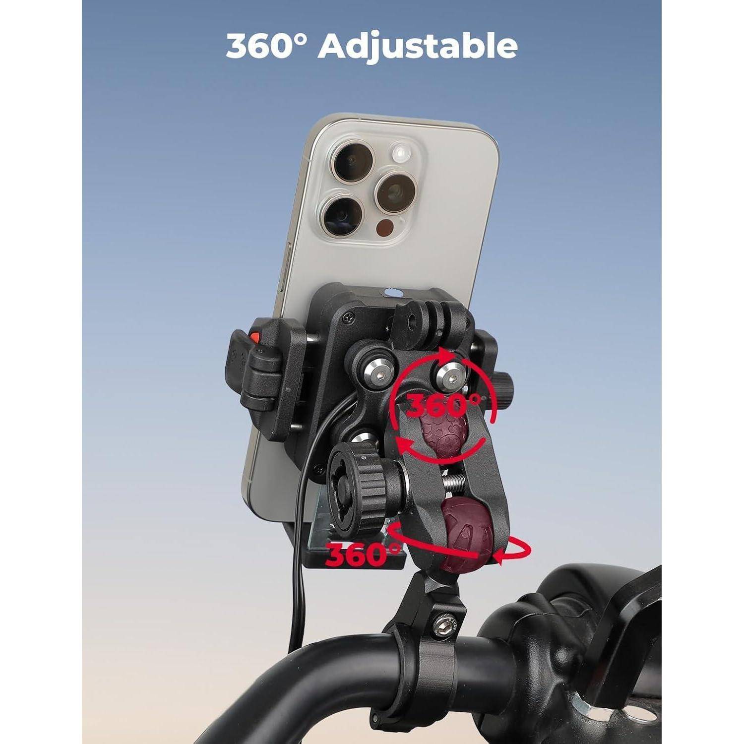 Telefon in einer verstellbaren Fahrradlenkerhalterung mit der Bezeichnung 360° Verstellbar, mit Drehgelenken für die vollständige Winkelpositionierung.