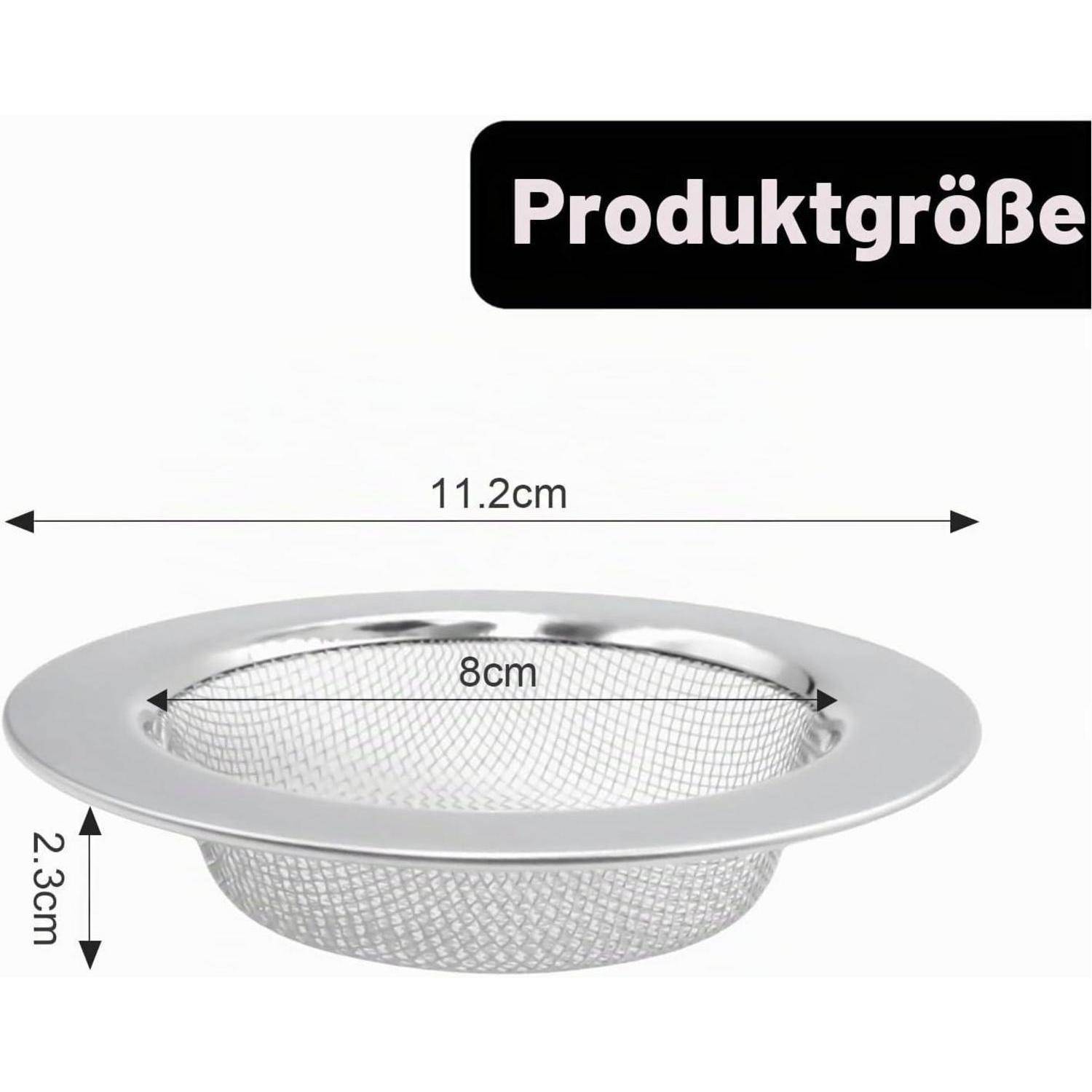 Größendiagramm eines runden Siebsiebes: 11,2 cm breit, 8 cm innere Öffnung, 2,3 cm tief.