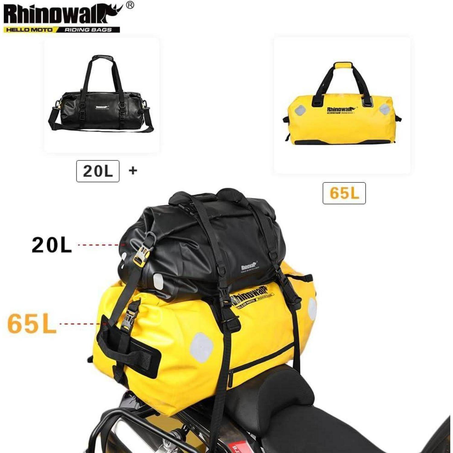 RhinoWalk Fahrrucksack expandiert von 20L auf 65L, dargestellt als schwarzer 20L-Rucksack plus gelber 65L-Rucksack auf einem Motorradsitz gestapelt.