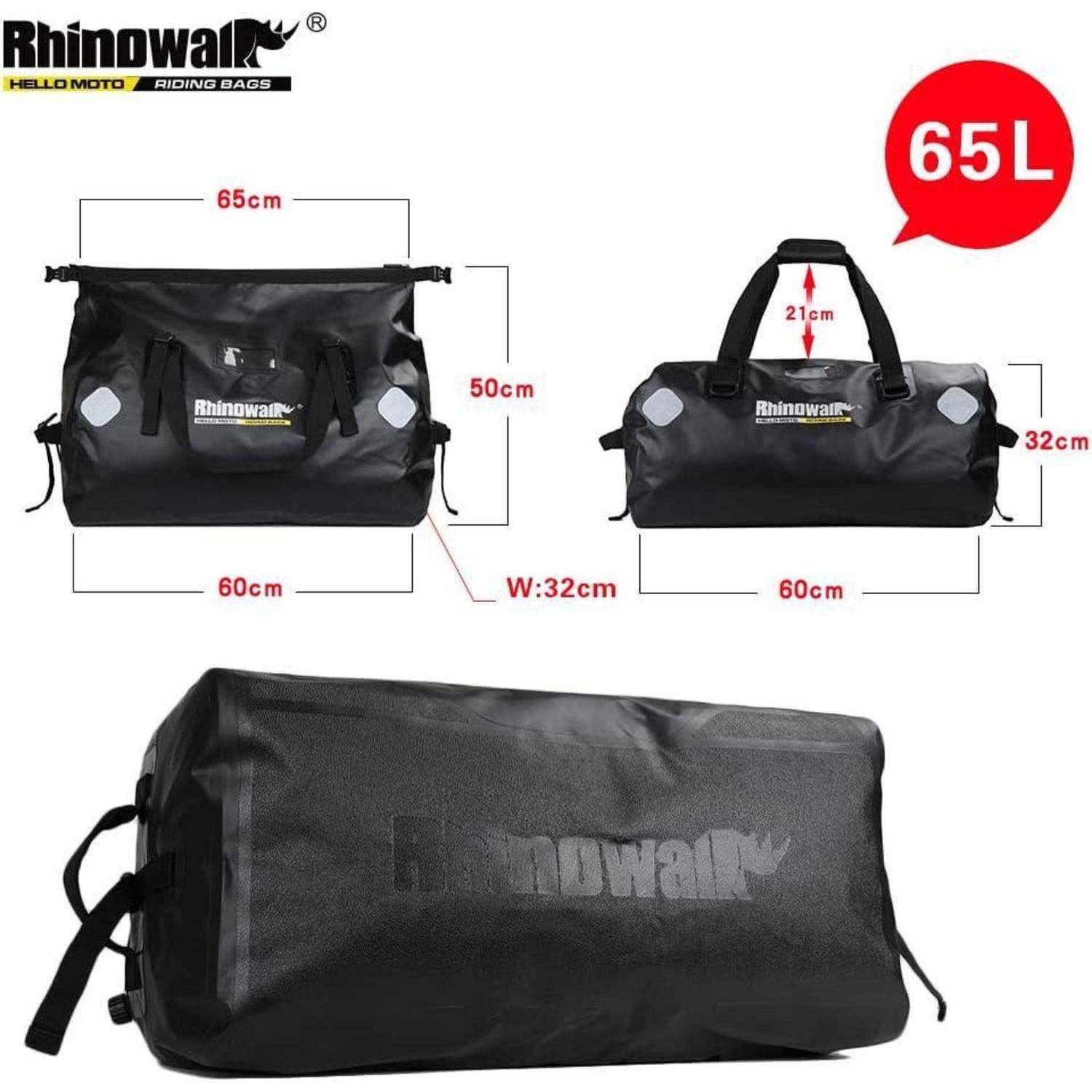 RhinoWalk 65L schwarze Reisetasche mit den Abmessungen 65cm x 50cm x 32cm, dargestellt mit einer Draufsicht und einer Seitenansicht, sowie einer großen gefalteten Tasche darunter.