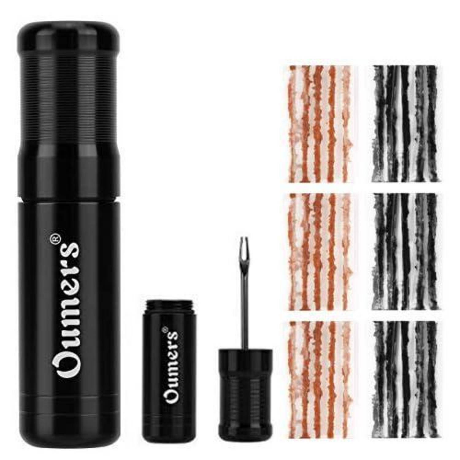 Schwarzes Mascara-Set mit einer großen Tube, einer Mini-Tube und einem Wand-Applikator; Farbmuster auf der rechten Seite zeigen die Ergebnisse von braunem und schwarzem Mascara.