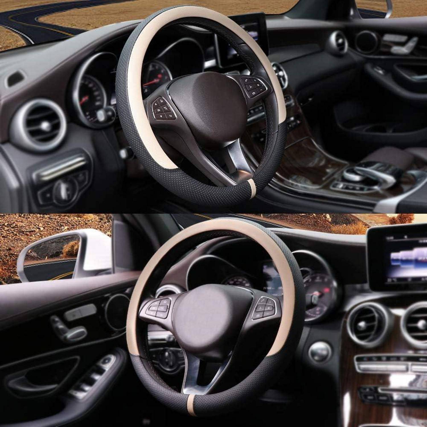 Collage aus einem Luxusauto-Innenraum mit Fokus auf ein Lederlenkrad, Armaturenbrett und Mittelkonsole aus zwei Blickwinkeln.