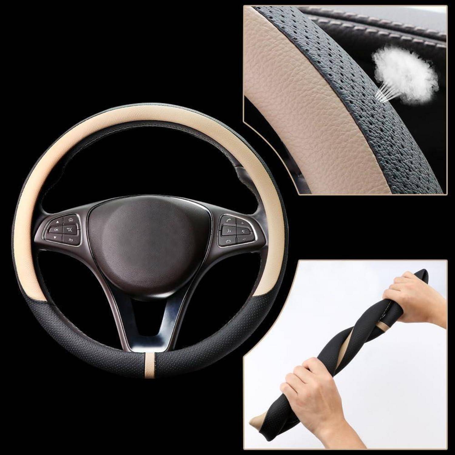 Schwarz-beige Lenkradabdeckung, die auf einem Autolenkrad montiert gezeigt wird, mit eingefügten Nahaufnahmen des genähten strukturierten Materials und Händen, die es dehnen.