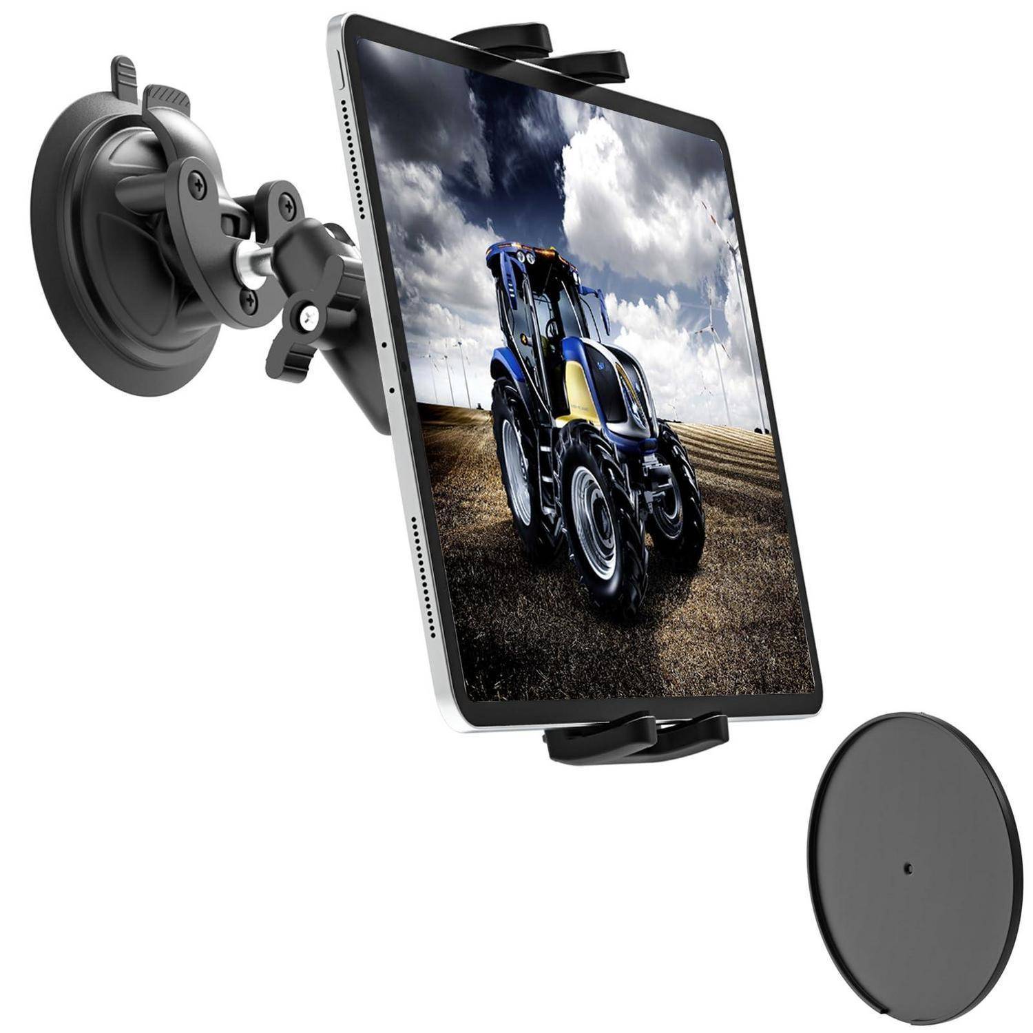 Tablet in einer Saugnapf-Autohalterung, gezeigt mit einem Traktor-Bild auf dem Bildschirm und einer separaten runden Magnethalterplatte.
