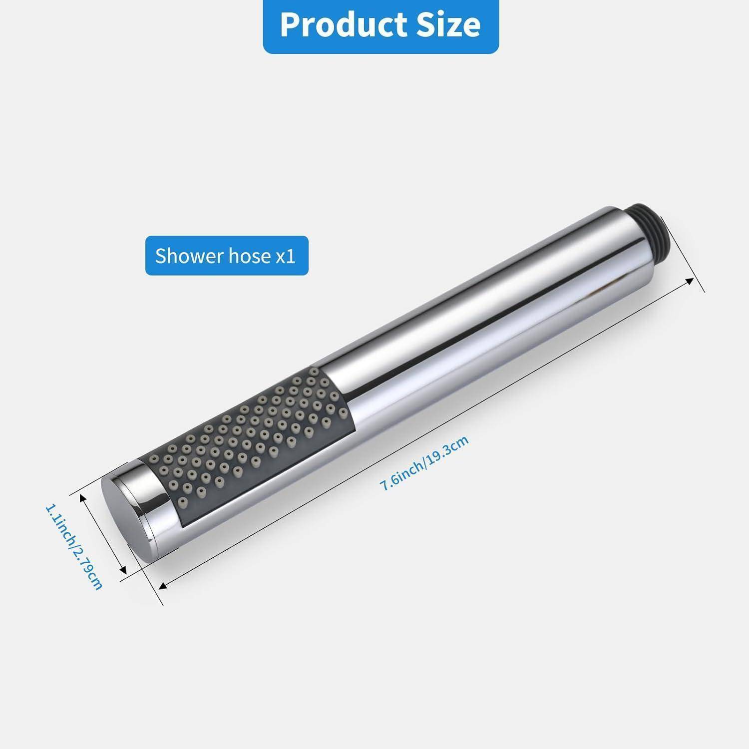 Produktgrößendiagramm für einen Duschschlauch x1, das einen silbernen zylindrischen Schlauch zeigt, der 7,6 Zoll (19,3 cm) lang und etwa 1 Zoll (2,5 cm) breit ist.