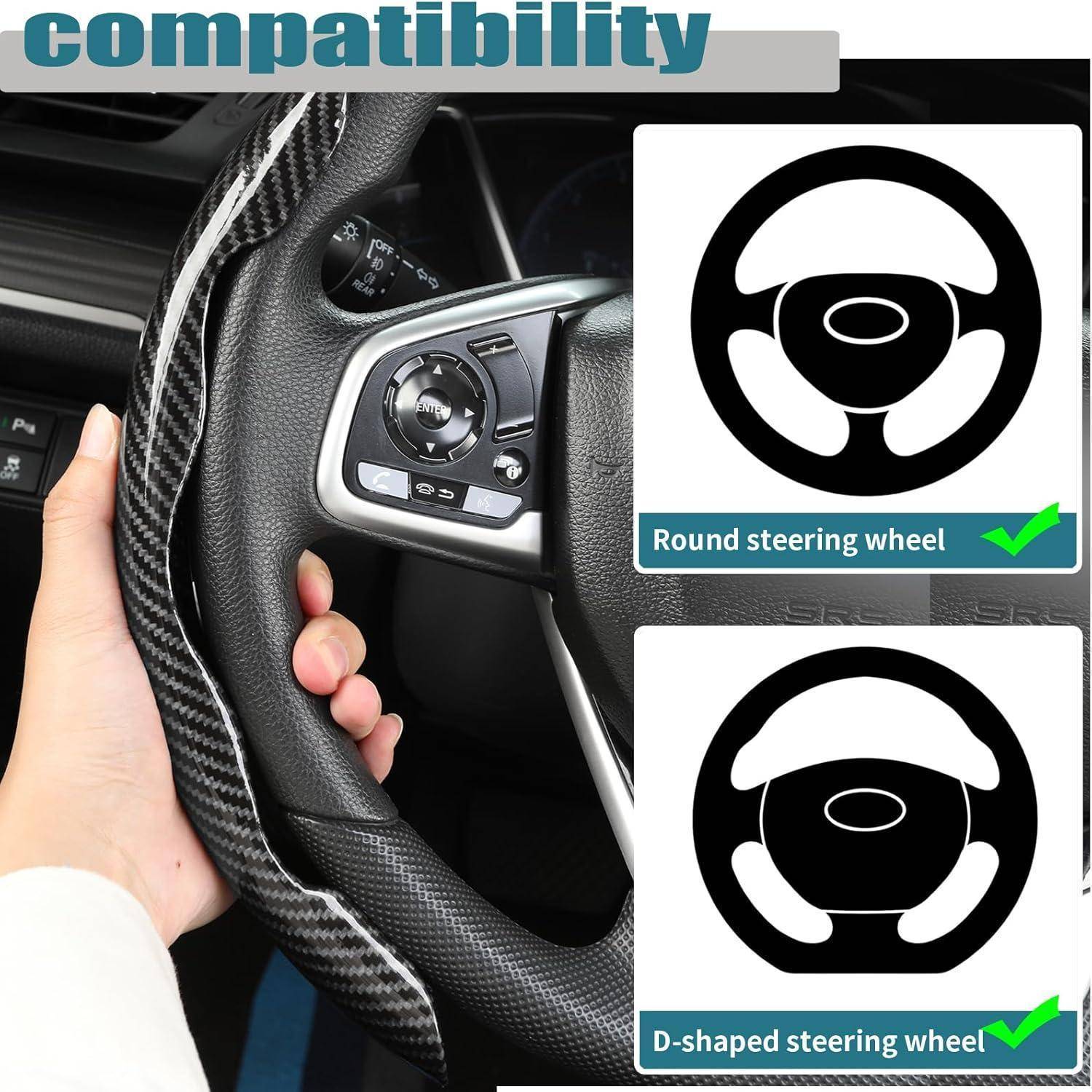 Nahaufnahme einer Hand, die ein Auto-Lenkrad hält, mit Kompatibilitätssymbolen, die zeigen, dass sowohl runde als auch D-förmige Lenkräder unterstützt werden.