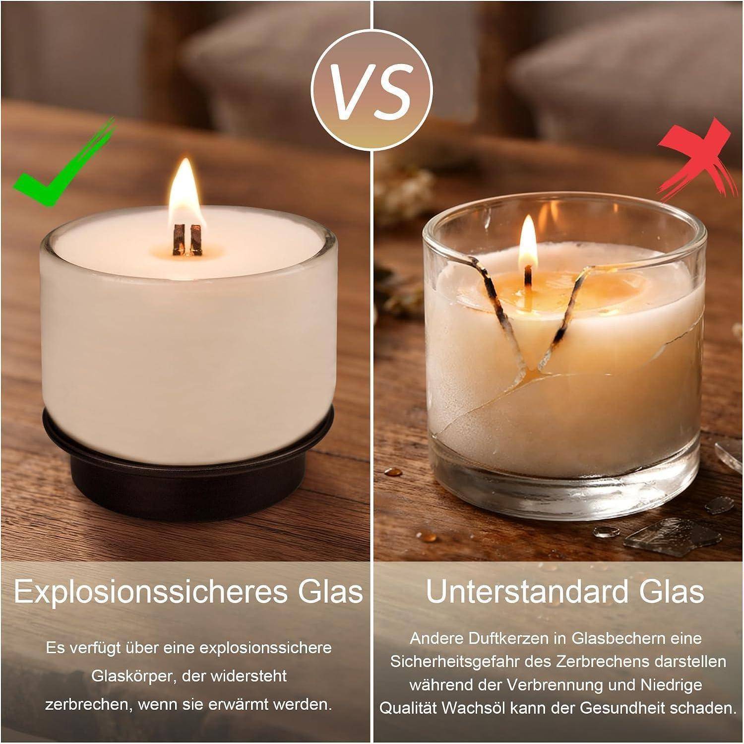 Vergleichsbild, das eine sichere Kerze in explosionssicherem Glas mit einem grünen Häkchen zeigt, im Vergleich zu einer gerissenen Kerze in Standardglas mit einem roten X markiert.