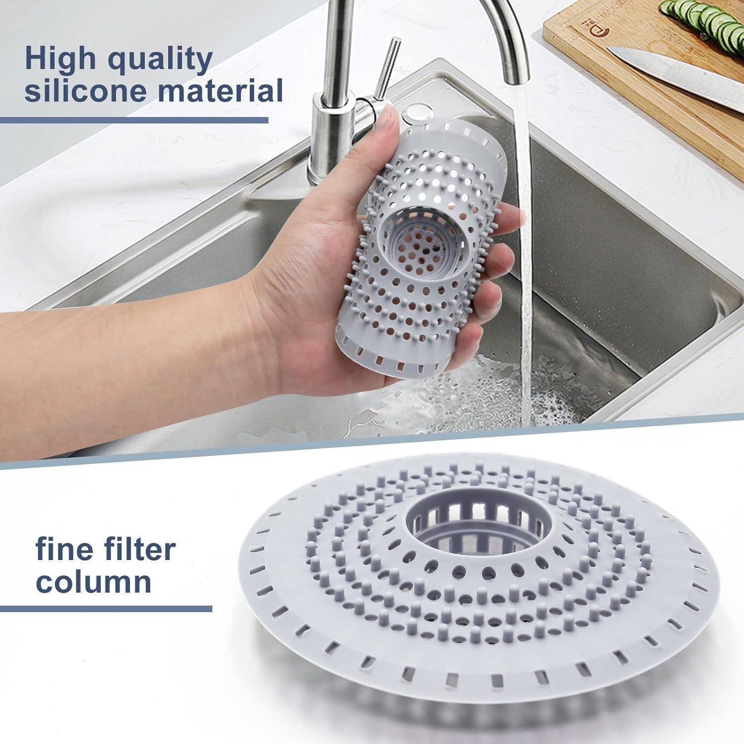 Silikondichtung-Spülbeckensieb mit perforierter Säule zum Auffangen von Verschmutzungen unter fließendem Wasser, dargestellt in Gebrauch und in Nahaufnahme-Produktansicht.