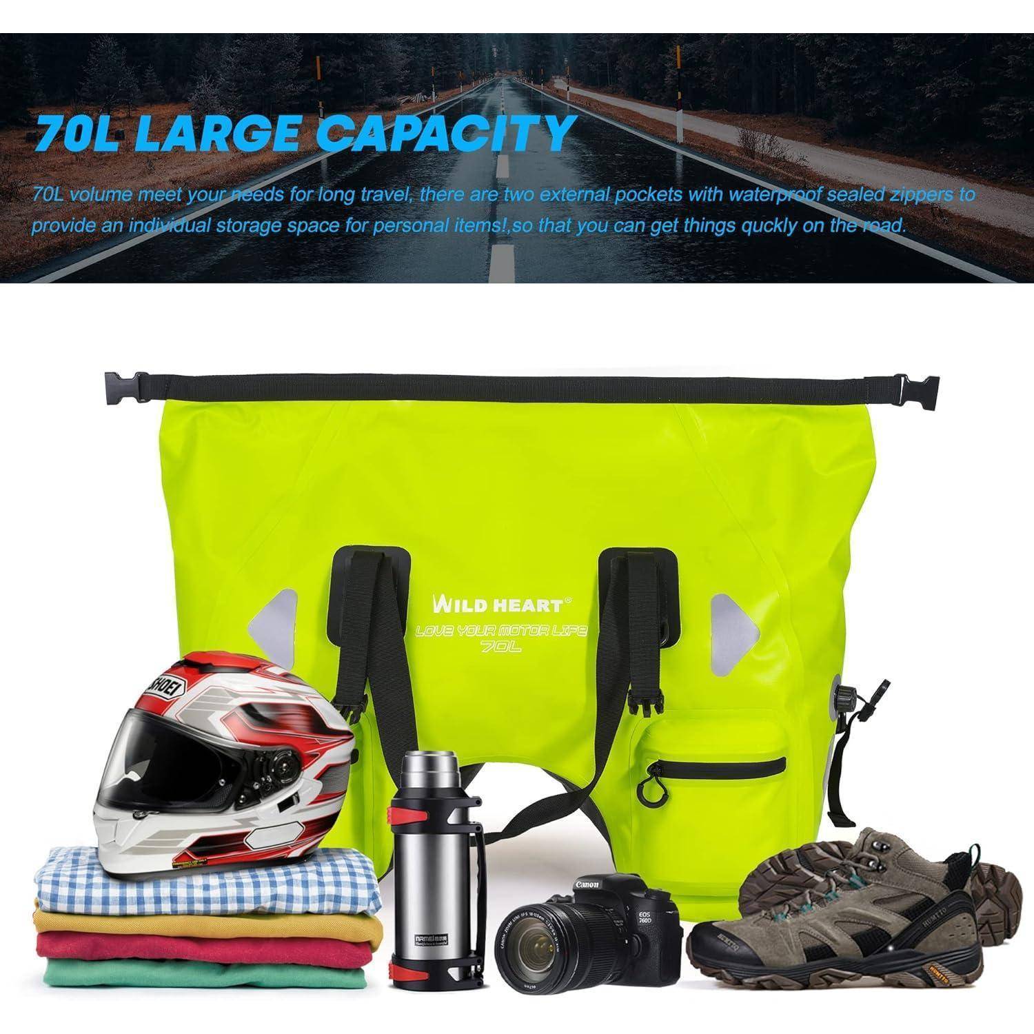 WILD HEART Wasserdicht Motorrad-Hecktasche 70L mit Seilriemen und Innentasche aus Wasserdichtem 500D-PVC für Reise, Motorrad usw (Leuchtendes Grün)