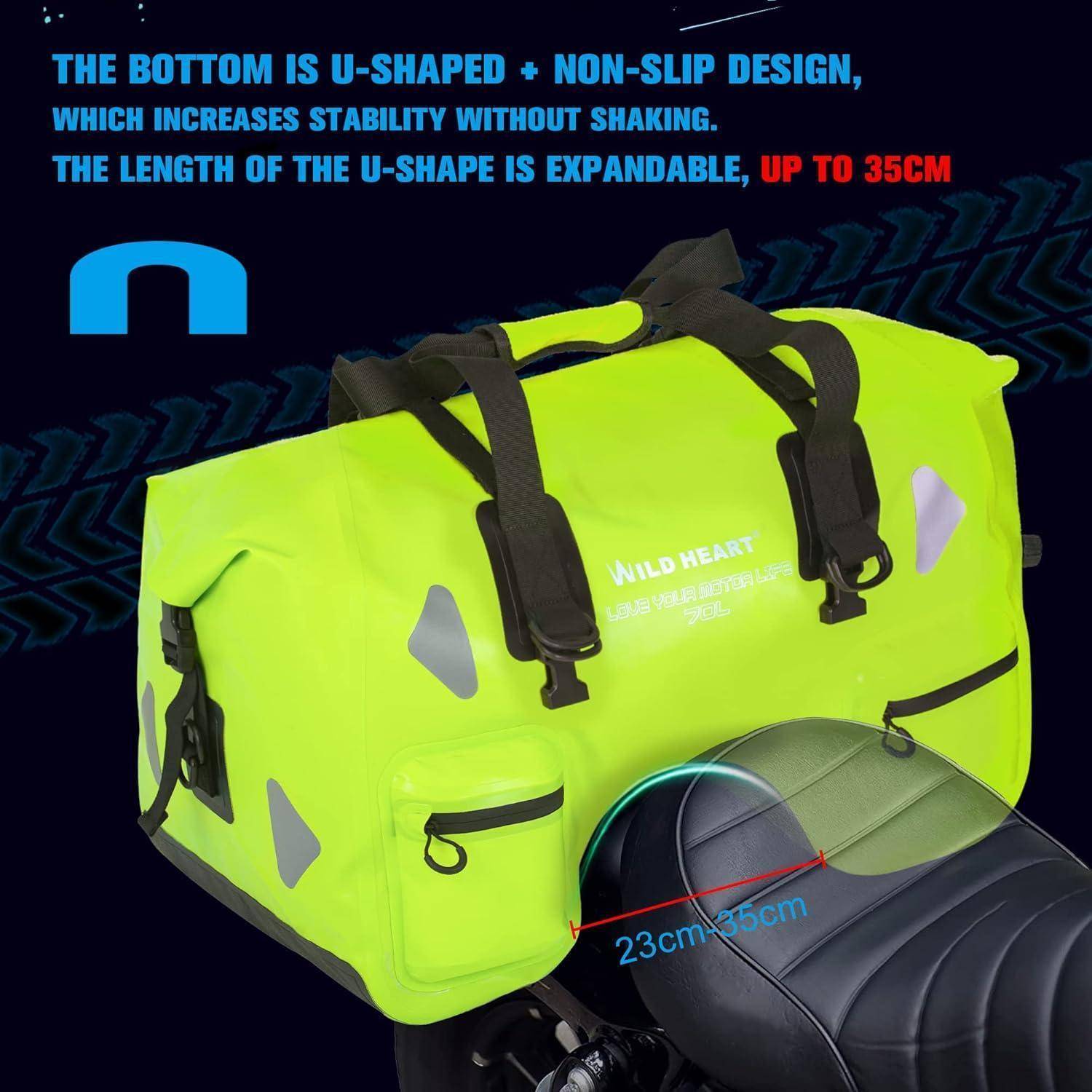 WILD HEART Wasserdicht Motorrad-Hecktasche 70L mit Seilriemen und Innentasche aus Wasserdichtem 500D-PVC für Reise, Motorrad usw (Leuchtendes Grün)