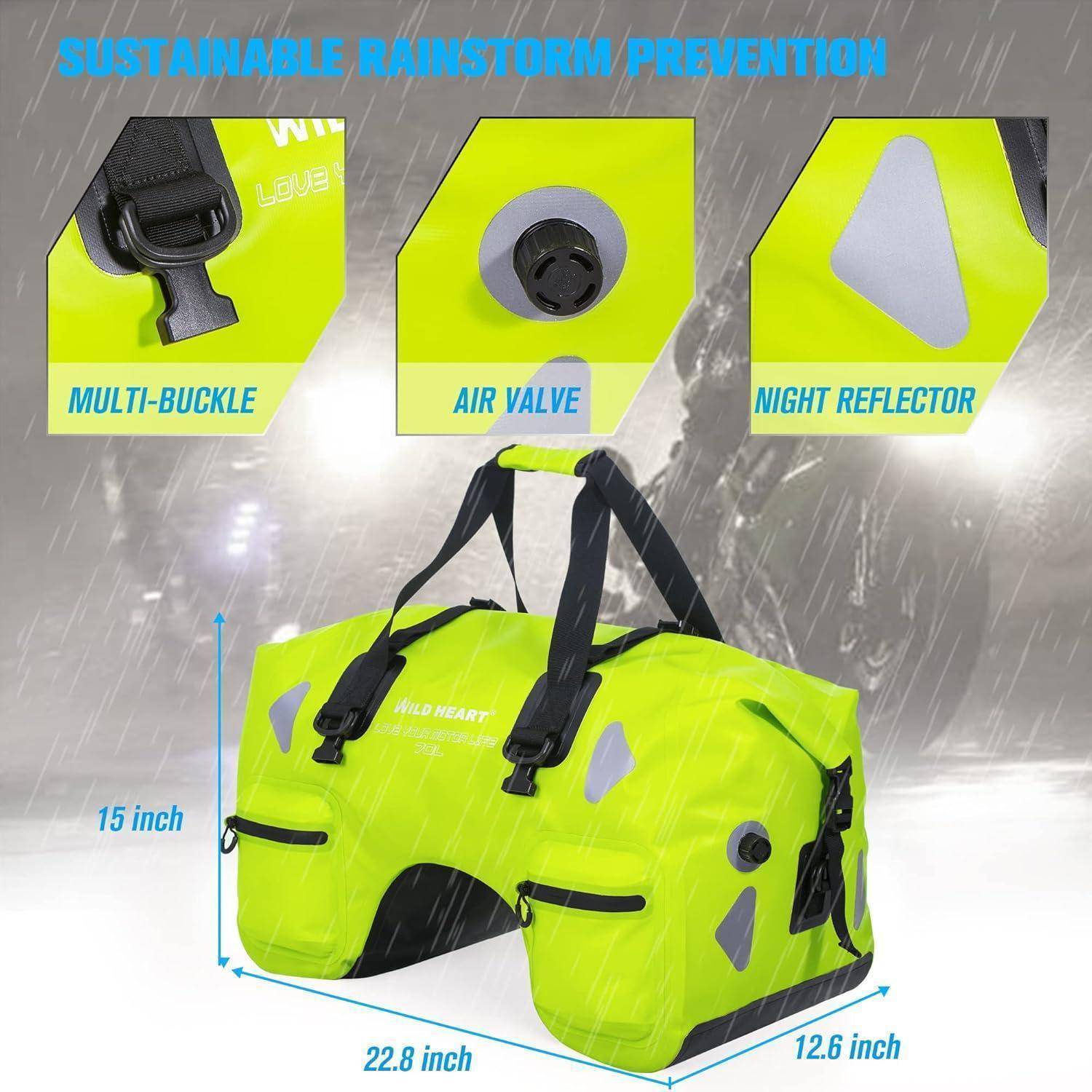 WILD HEART Wasserdicht Motorrad-Hecktasche 70L mit Seilriemen und Innentasche aus Wasserdichtem 500D-PVC für Reise, Motorrad usw (Leuchtendes Grün)
