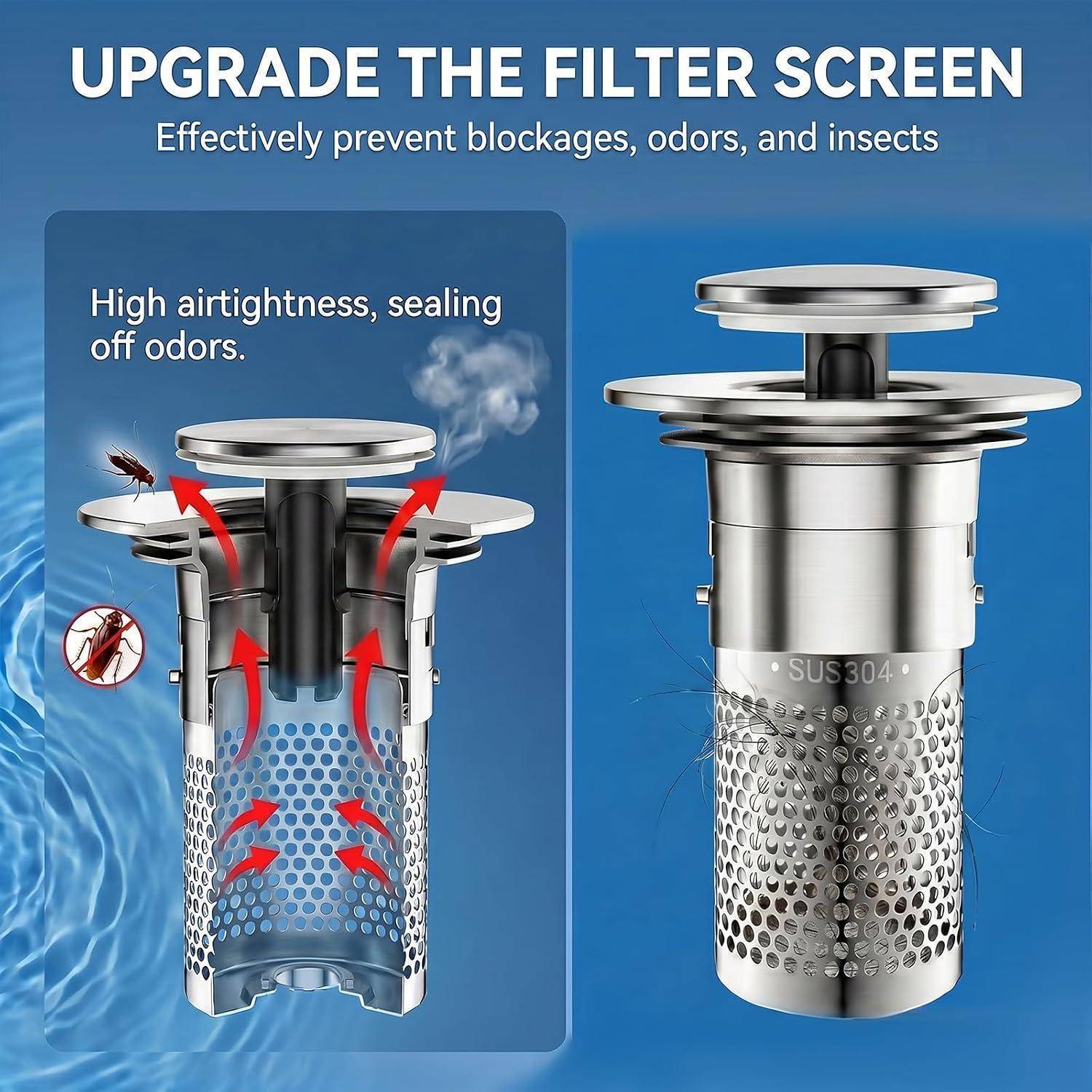 Werbegrafik eines Edelstahl-Spülbechenablauf-Filters, die eine luftdichte Abdichtung zur Blockierung von Gerüchen, Verstopfungen und Insekten zeigt, mit durchschnittenem Luftstromfluss-Pfeilen und einer Ansicht des fertigen Produkts.