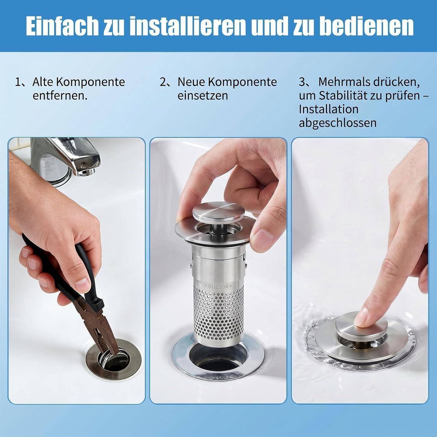 Installationsleitfaden für einen Spülbeckenabfluss-Stopfen: Entfernen Sie das alte Teil, setzen Sie die neue Komponente ein, drücken Sie dann, um die Stabilität zu prüfen, und beenden Sie die Installation.