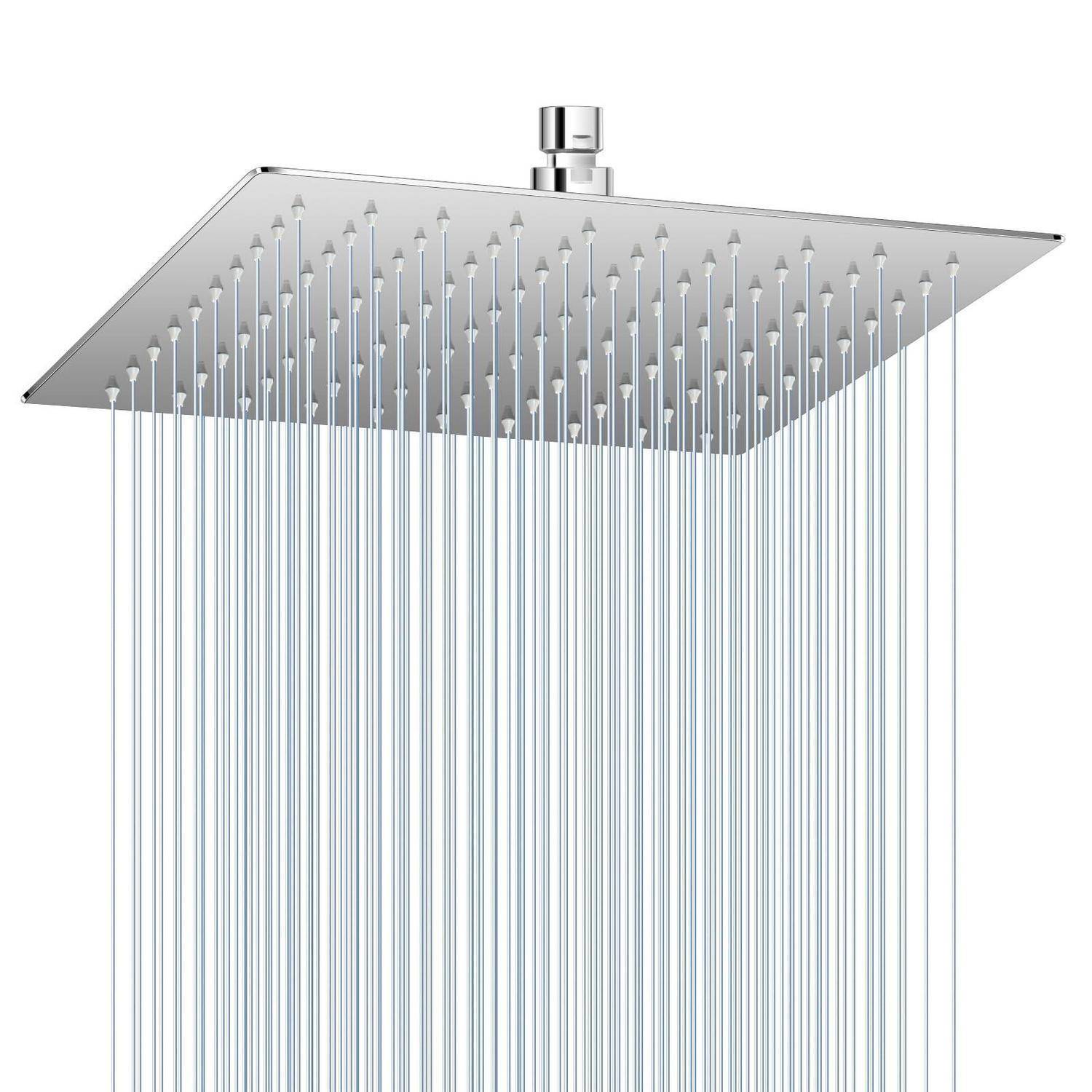 Quadratischer Regenduschkopf mit vielen dünnen Wasserstrahlen, die von einer an der Decke montierten Armatur nach unten sprühen.