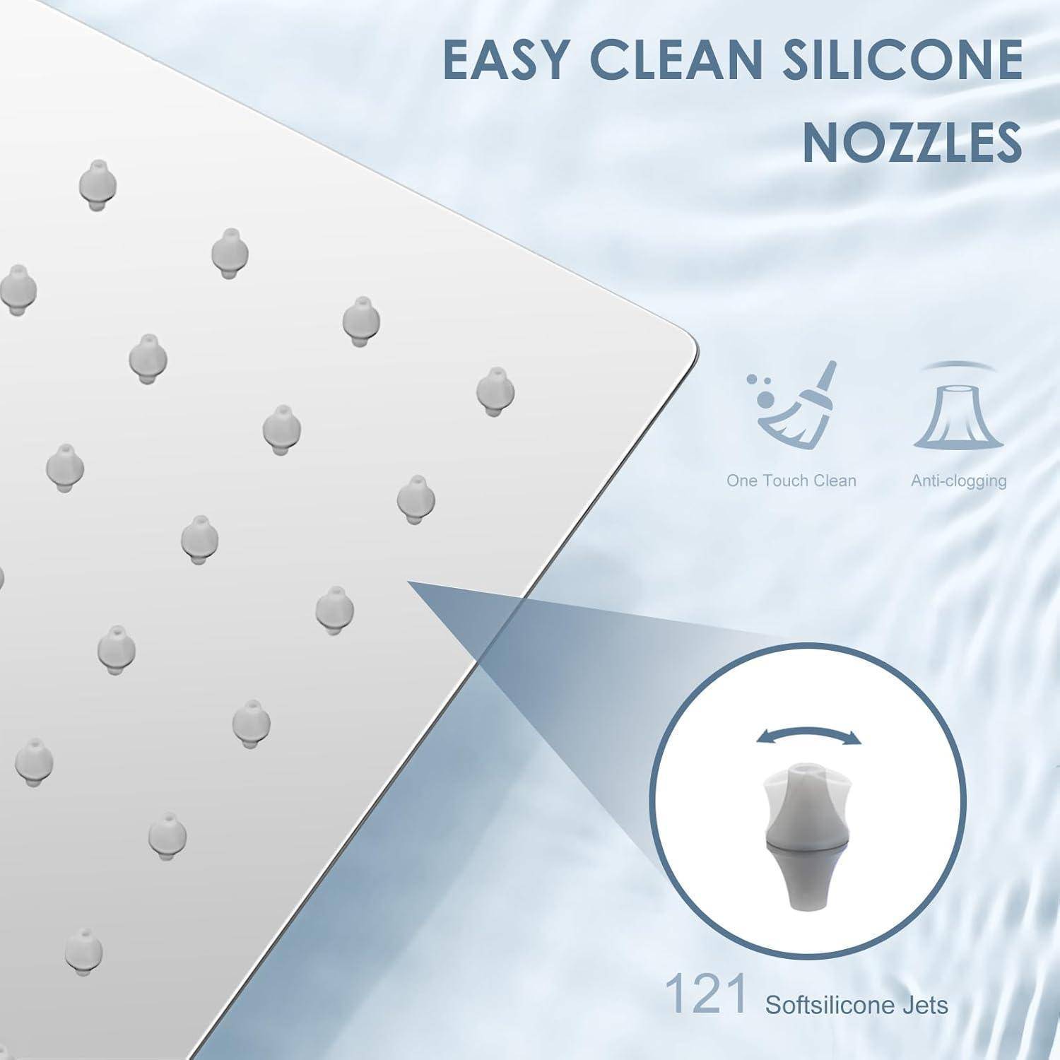 Werbegrafik eines Duschkopfs mit „Easy Clean Silikon-Düsen