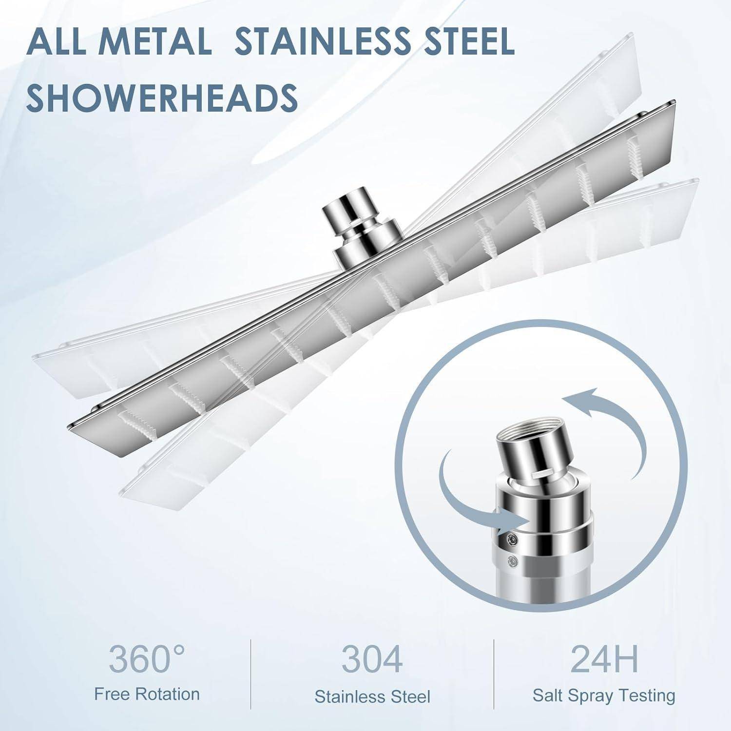 Produktbild eines vollständig aus Metall gefertigten Edelstahl-Duschkopfes mit 360° freier Drehbarkeit; Der Text hebt 304er Edelstahl und 24-Stunden-Salzsprühtest hervor.