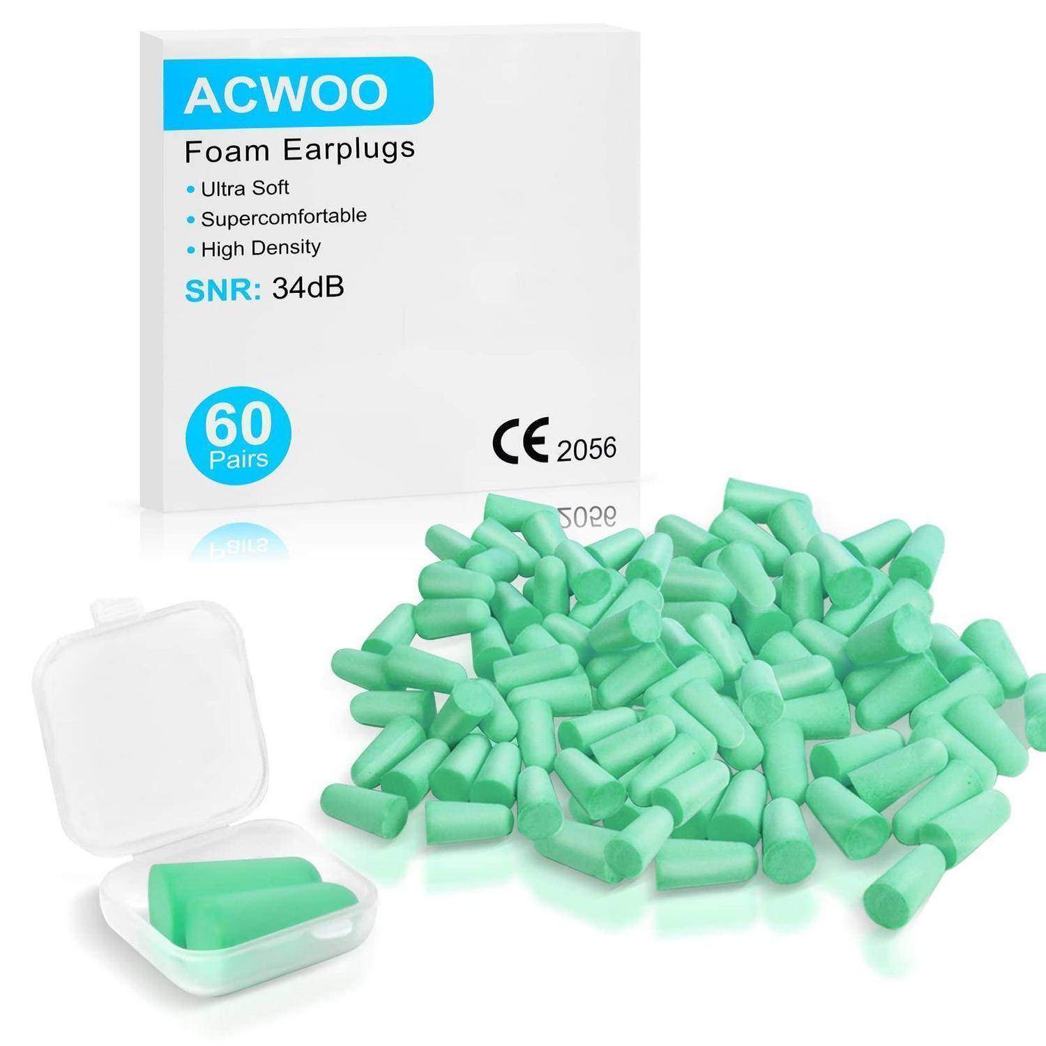 Packung mit ACWOO-Schaumstoff-Ohrstöpseln mit 60 Paar, zeigt grüne Schaumstoff-Stöpsel und ein Aufbewahrungsgehäuse; das Etikett listet ultraweich, überaus komfortabel, hohe Dichte, SNR 34dB auf.