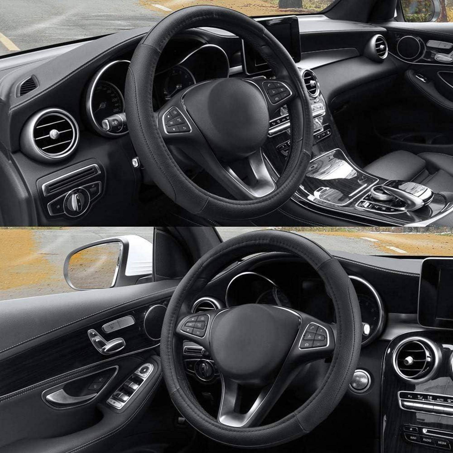 Zwei Innenaufnahmen eines Autos, die ein schwarzes Lederlenkrad, das Armaturenbrett, die mittlere Mittelkonsole und die Türsteuerungen auf der Fahrerseite zeigen.