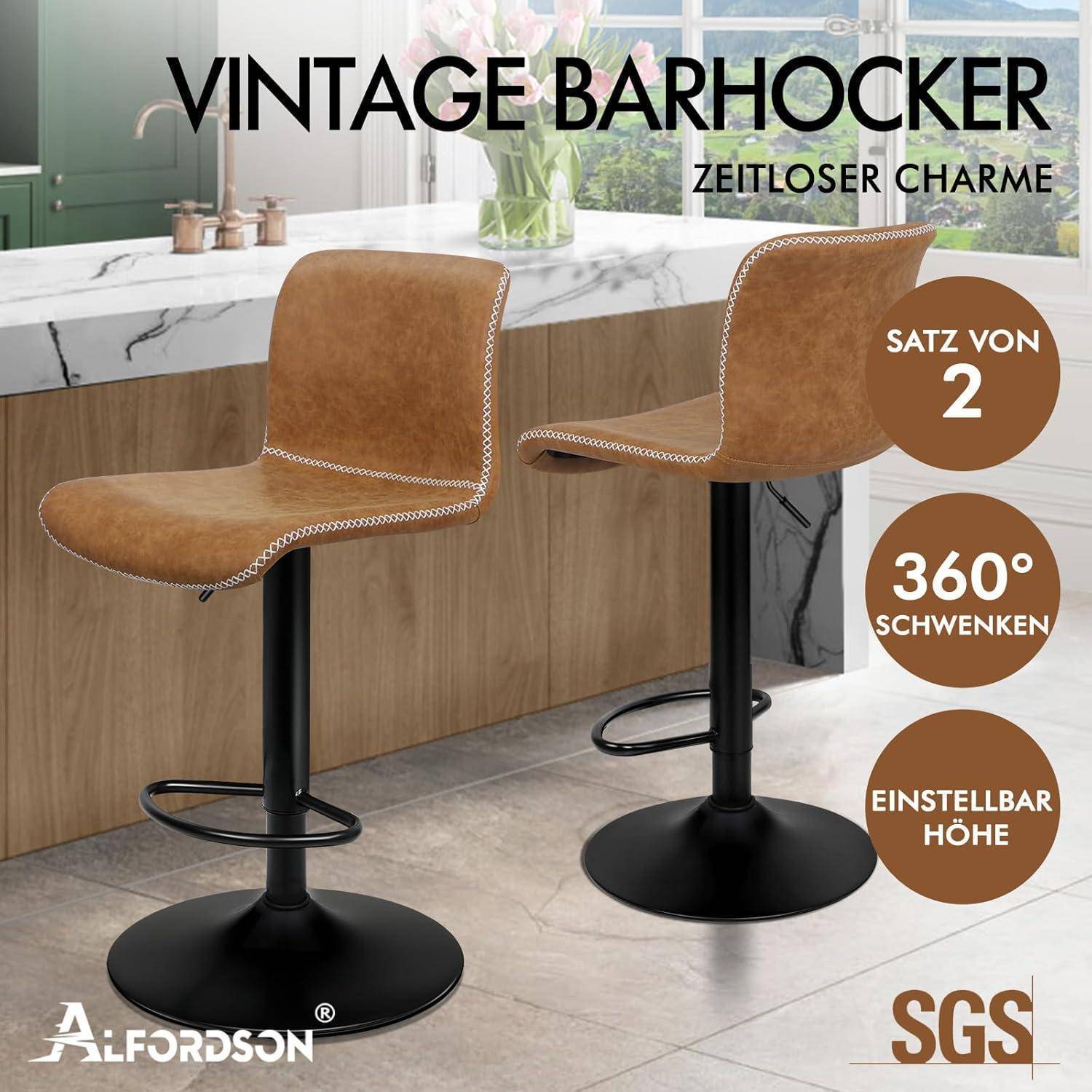 Anzeige für zwei Barhocker im Vintage-Stil mit braunen Sitzen, schwarzen Basen und verstellbarer Höhe; enthält den Text „360° schwenken" und „Satz von 2"".