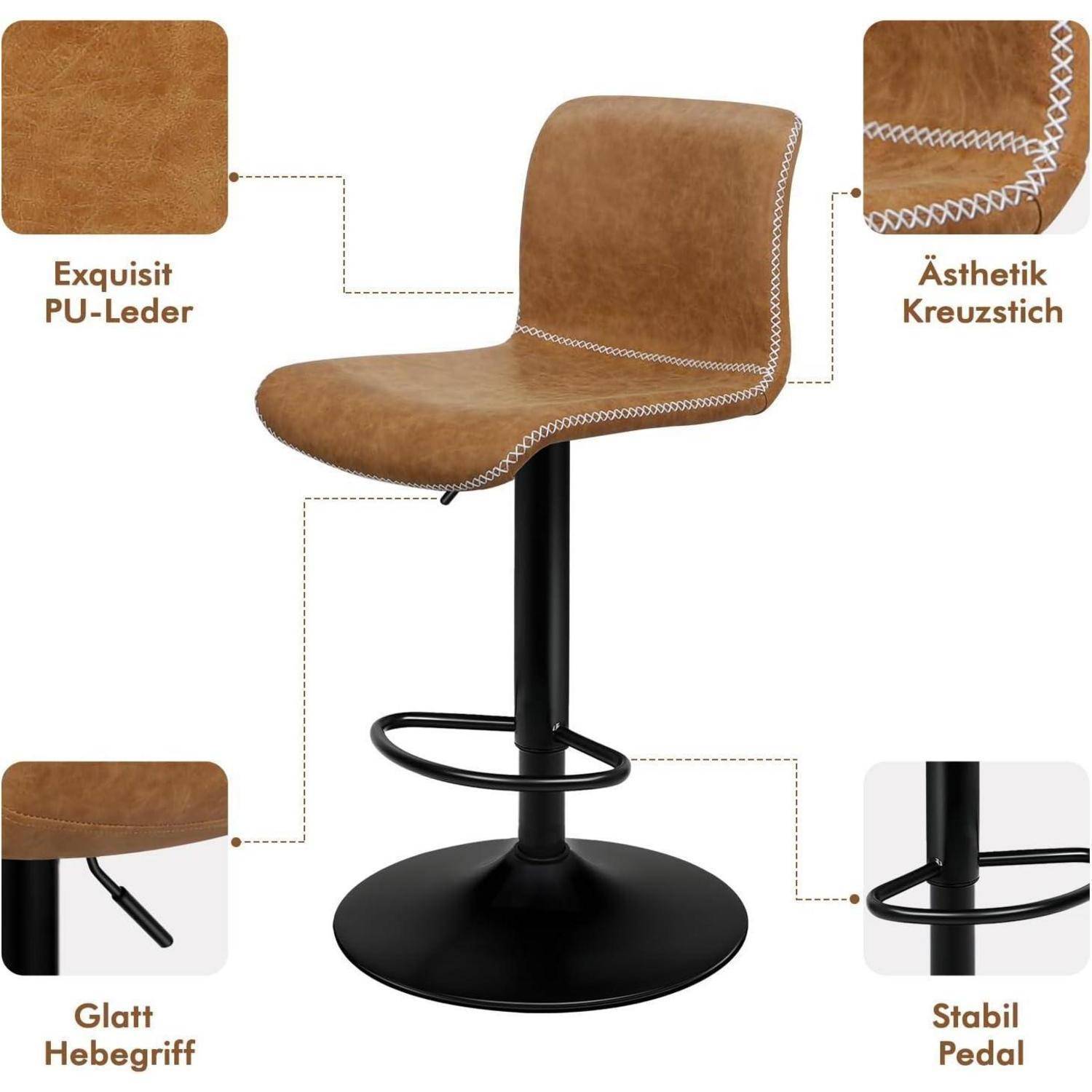 Braunes PU-Leder Barhocker mit schwarzem Sockel, Fußring und Hebel; Beschriftungen heben hervor „Exquisit PU-Leder", „Ästhetik Kreuzstich"", „Glatt Hebegriff"" und „Stabil Pedal"".