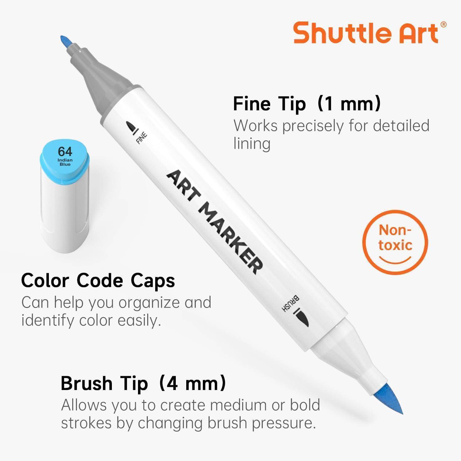 Shuttle Art Kunstmarker mit feiner 1-mm-Spitze und 4-mm-Pinselspitze, farblich gekennzeichneten Kappen und ungiftiger Kennzeichnung.