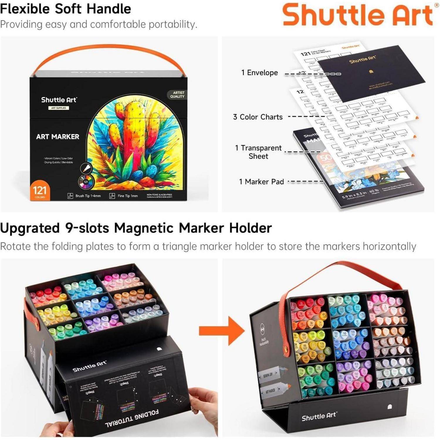 Werbegrafik für Shuttle Art Kunstmarker mit flexiblem, weichem Griff, beiliegenden Blättern und Marker-Pad sowie einem 9er-Magnethalter, der sich zu einem Dreieck faltet und horizontal gelagert werden kann.