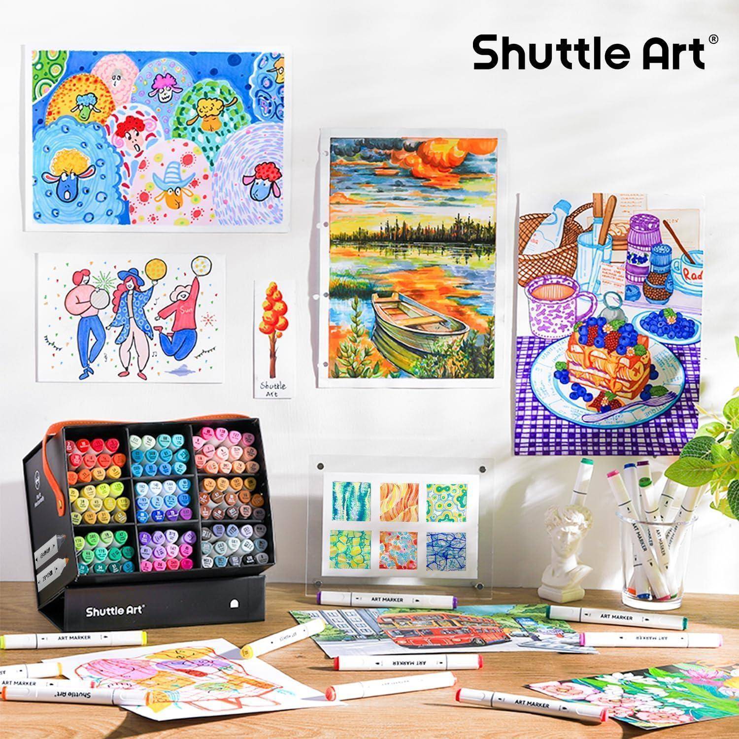 Shuttle Art Markerset mit Beispielzeichnungen und Gemälden in lebhaften Farben, die die Kunstmaterialien und die damit erstellbaren fertigen Kunstwerke zeigen.
