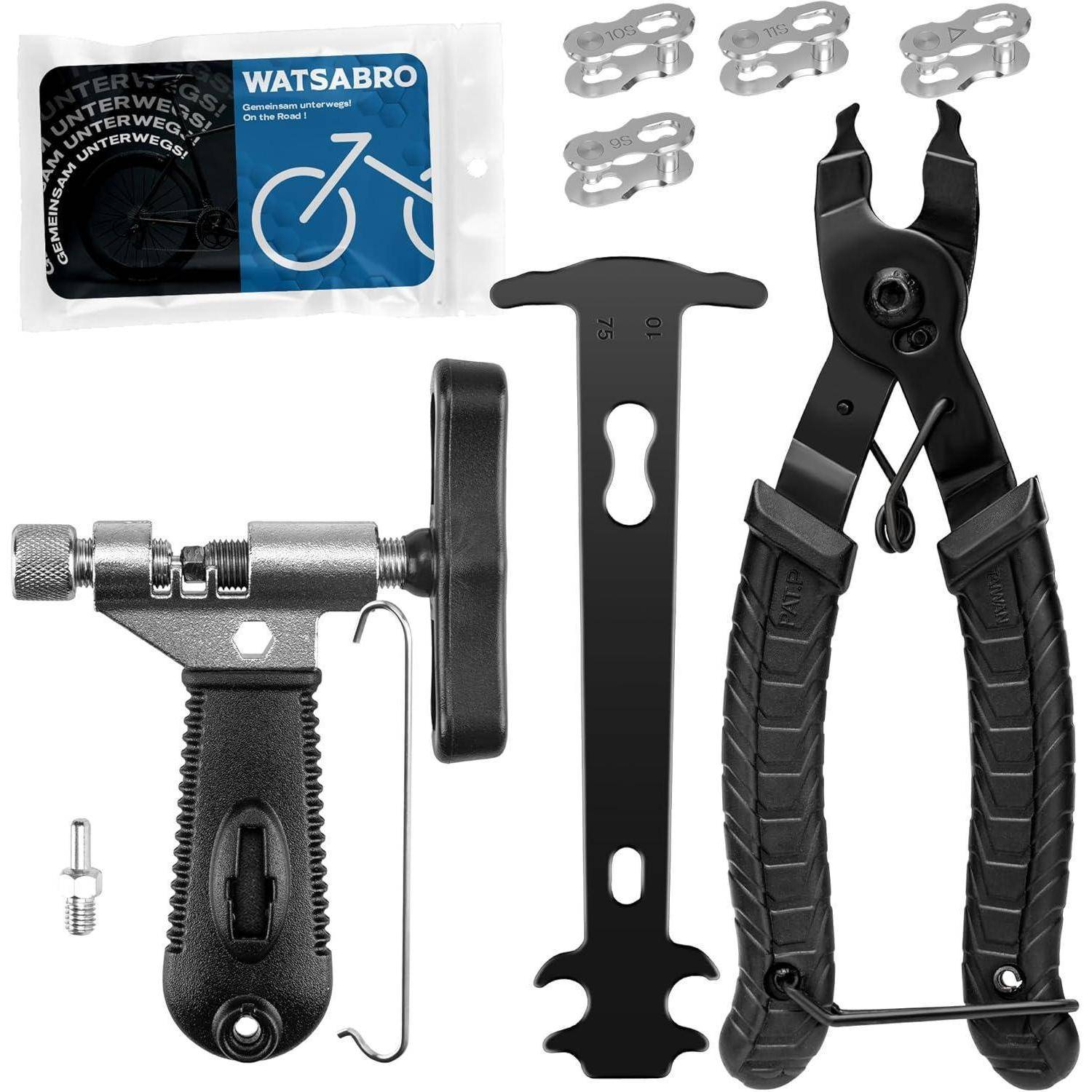 Fahrradkettenwerkzeugsatz mit Kettenbrecher, Schnellverbinder-Zange, Kettenhaken, Ersatzglieder und kleinem Aufbewahrungsbeutel.