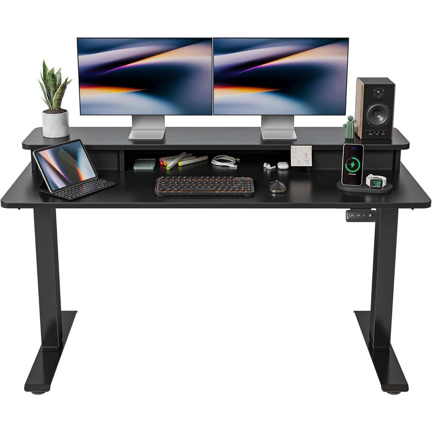 FEZIBO Höhenverstellbarer Elektrischer Stehtisch mit Doppelschublade, 140 x 60 cm Stehtisch mit Ablage, Sitz-Steh-Schreibtisch mit