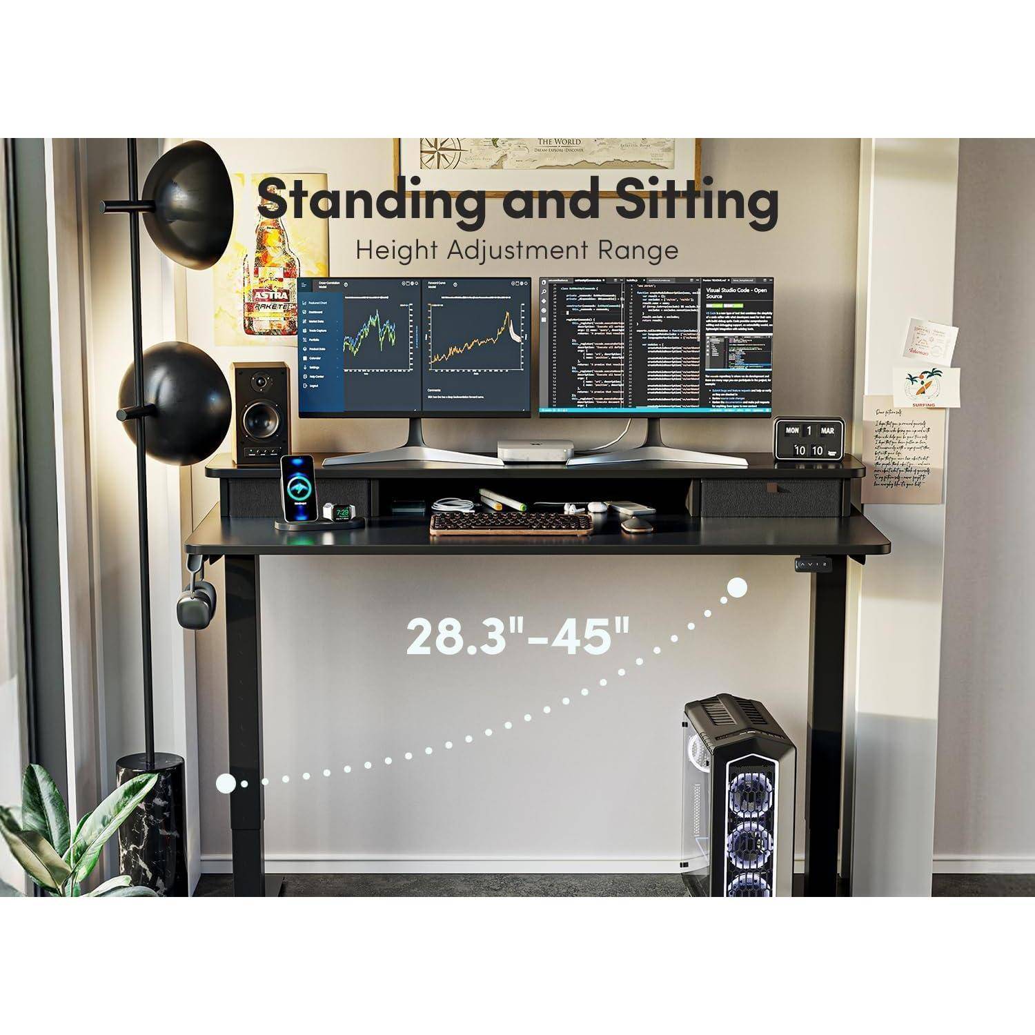 FEZIBO Höhenverstellbarer Elektrischer Stehtisch mit Doppelschublade, 140 x 60 cm Stehtisch mit Ablage, Sitz-Steh-Schreibtisch mit
