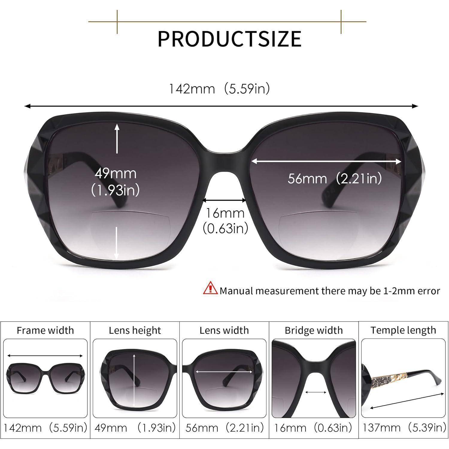 Größentabelle für übergroße Sonnenbrillen mit Rahmenbreite 142 mm, Linsenhöhe 49 mm, Linsenbreite 56 mm, Stegbreite 16 mm und Bügelländge 137 mm.