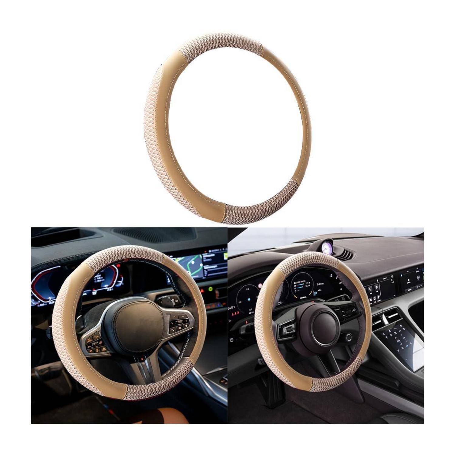 Beige geflochtene Lenkradabdeckung, die allein und auf einem Autolenkrad installiert in zwei Armaturenbrett-Innenfotos gezeigt wird.