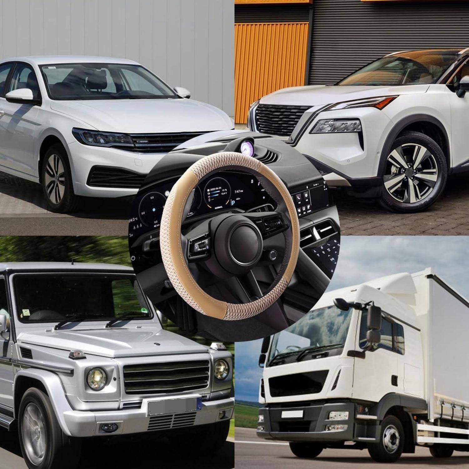 Collage von Fahrzeugbildern: zwei weiße SUVs, eine Nahaufnahme eines Lenkrads und Armaturenbretts, ein silberner SUV und ein weißer Kastenwagen.