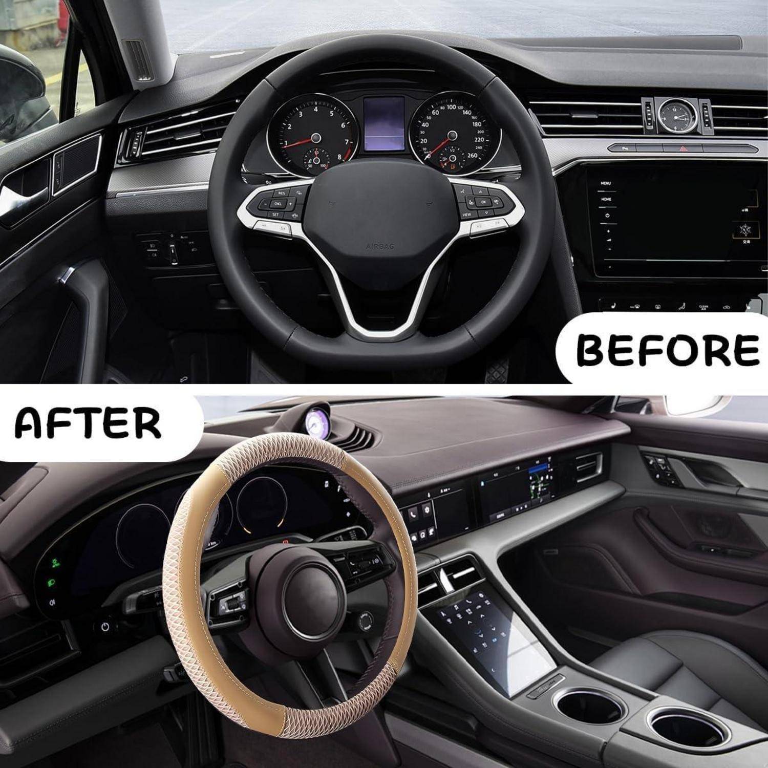 Geteilte Vorher-Nachher-Ansicht eines Autoinnenraums, die ein schlichtes schwarzes Lenkrad und Armaturenbrett zeigt, das durch ein beige-bezogenes Lenkrad und modernisierte Verkleidungen ersetzt wurde.