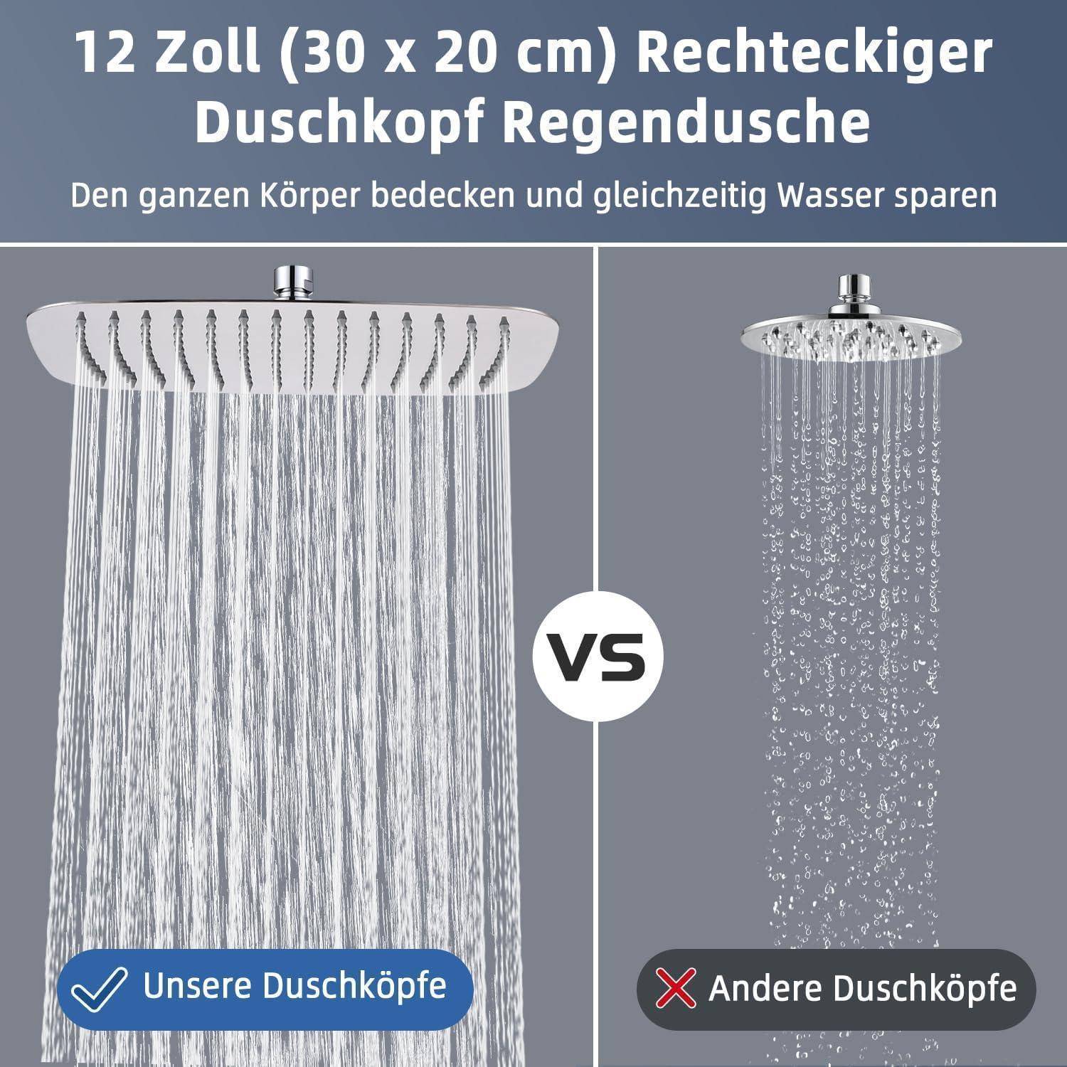 Duschkopf Regendusche, Edelstahl Regendusche Duschkopf, Anti-Kalk-Düsen (Chrom, 30 x 20 cm) Rechteckig 30 x 20 cm Chrom