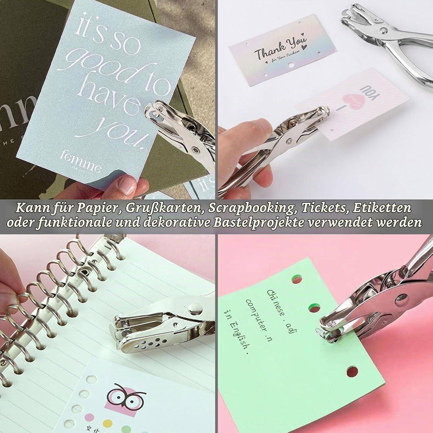 Collage mit einem tragbaren Locher, der saubere Löcher in Papier, Karten, Notizbuchseiten und Etiketten für Basteln, Scrapbooking und Beschriftung macht.