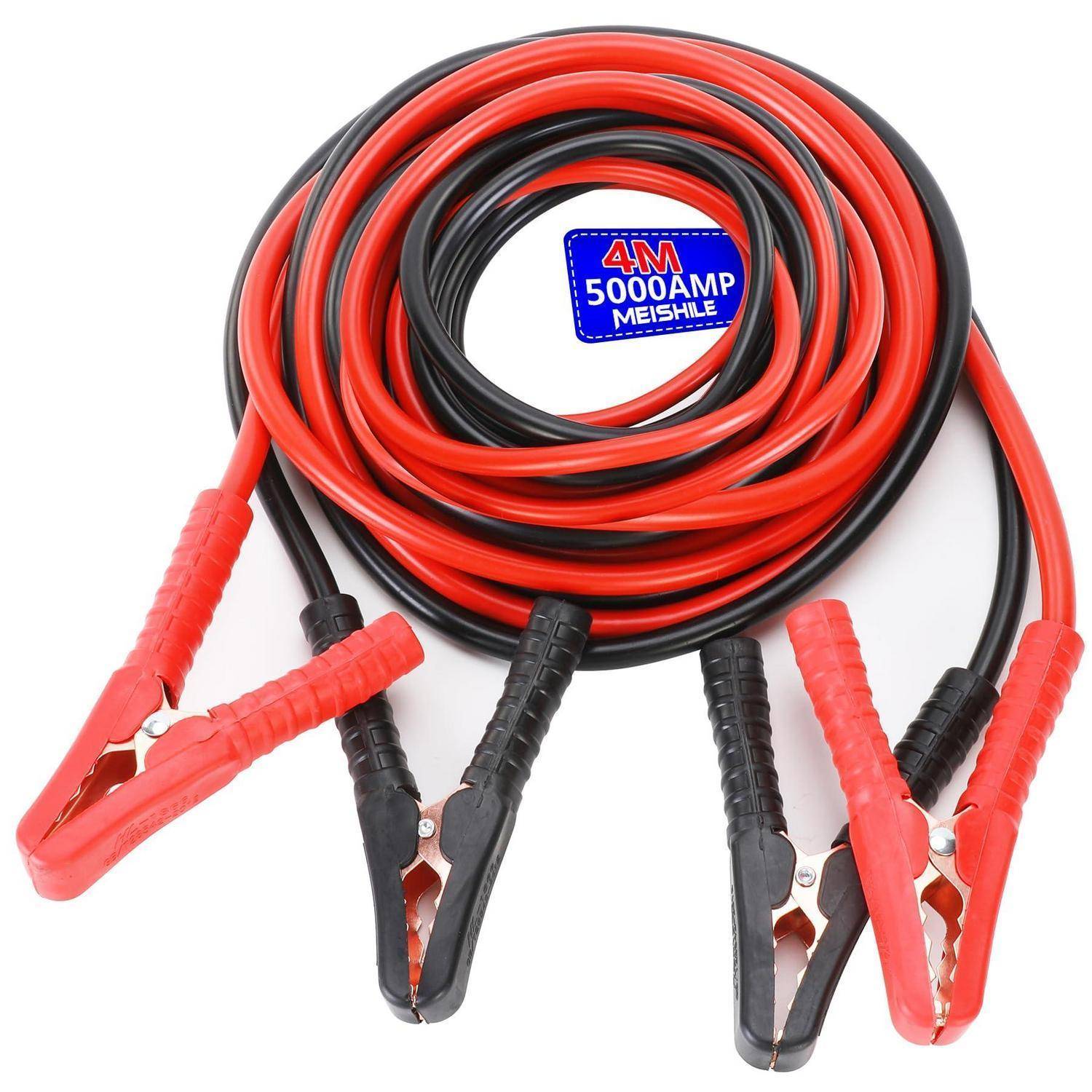 Aufgerollte rot-schwarze Überbrückungskabel mit vier Krokodilklemmen, gekennzeichnet mit „4M 5000AMP MEISHILE