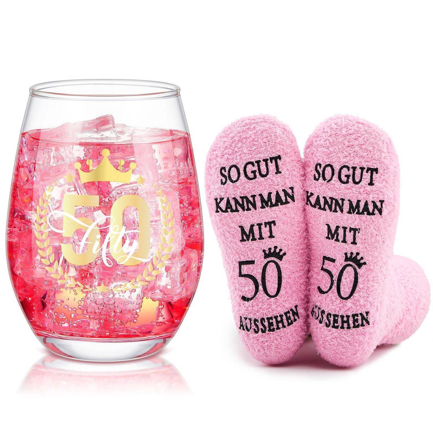 Rosafarbenes Novelty-Geschenkset: Ein stielglas mit Druck „50