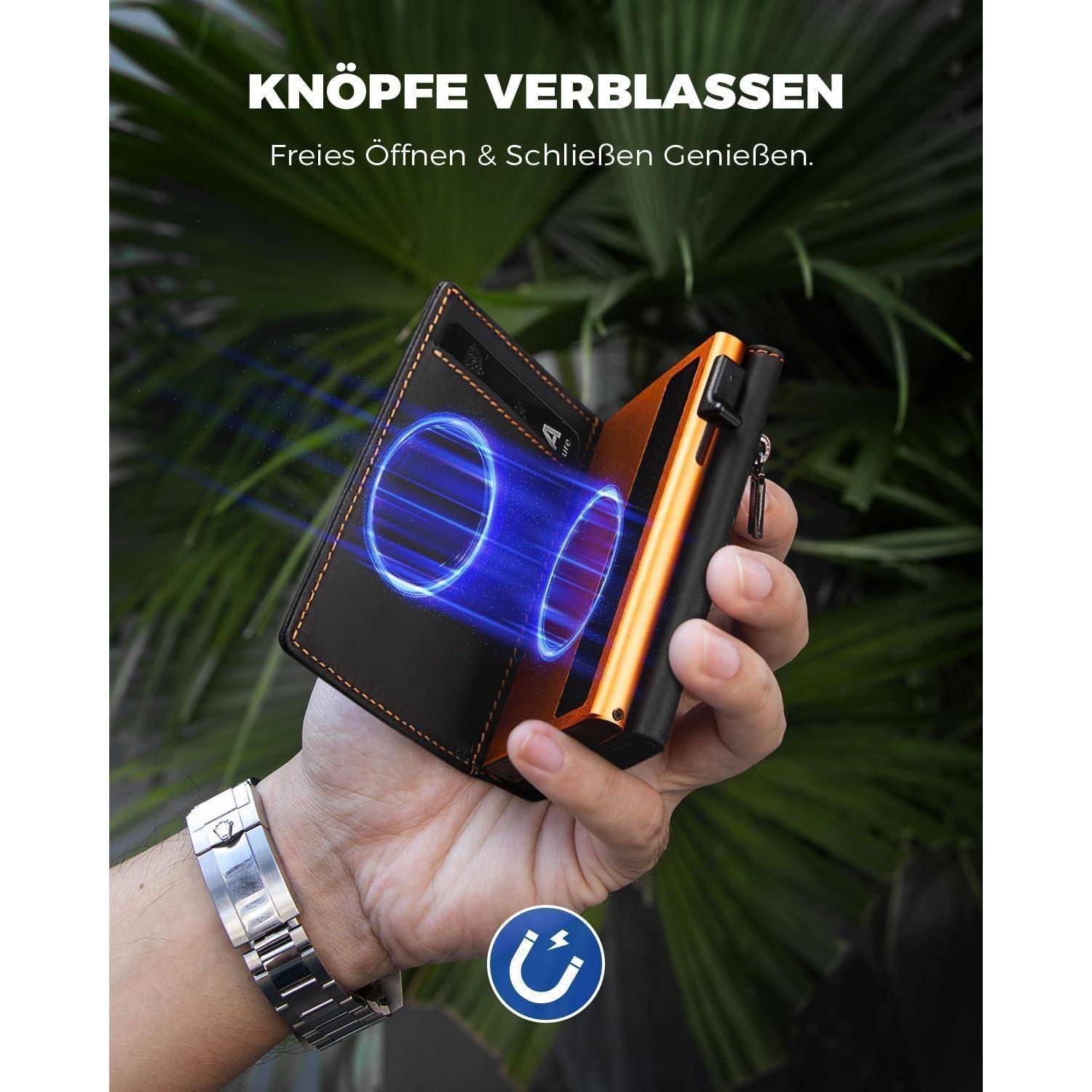 Hand hält eine schwarzorange Geldbörse mit einem leuchtenden blauen magnetischen Öffnungsmechanismus; Text sagt 'Knöpfe verblassen' und 'Freies Öffnen & Schließen Genießen.