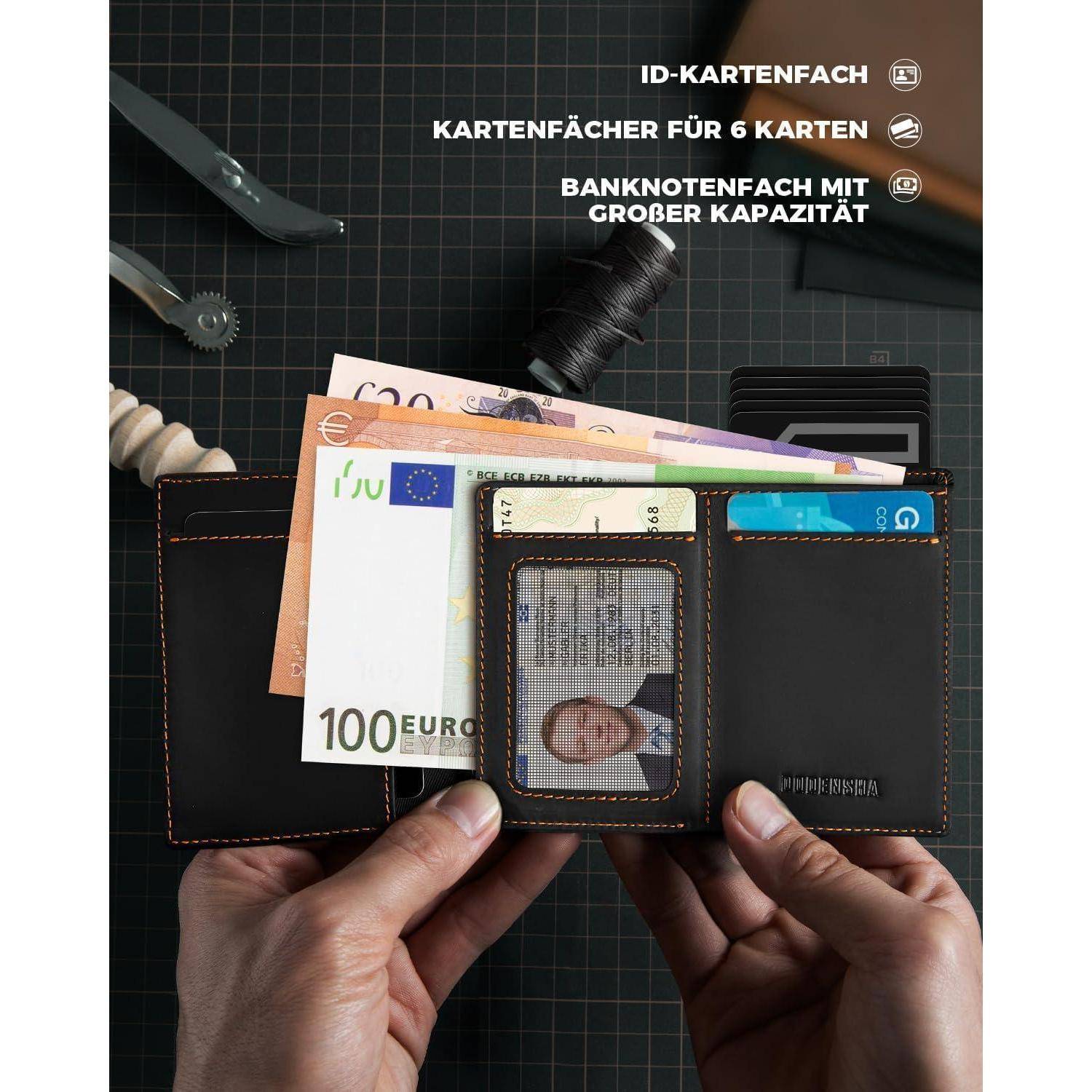 Hände halten ein offenes schwarzes Portemonnaie mit mehreren Geldscheinen und Karten; überlagerte Schrift auf Deutsch besagt, dass es 6 Kartensteckplätze und ein großes Banknotenfach hat.