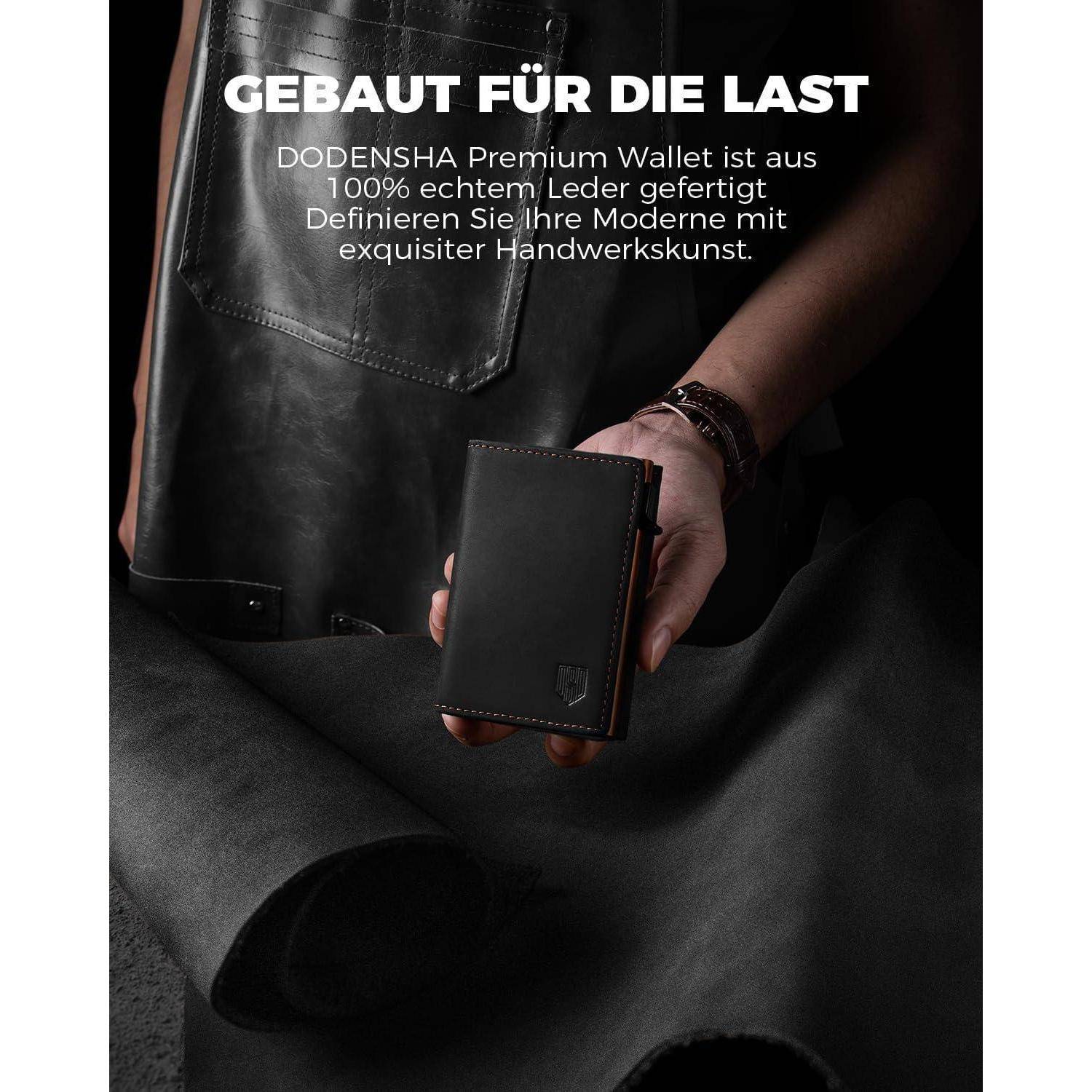 Person hält eine schwarze Lederbrieftasche; deutscher Text bewirbt "GEBAUT FÜR DIE LAST"" und sagt, dass die DODENSHA Premium Wallet aus 100% echtem Leder hergestellt ist.
