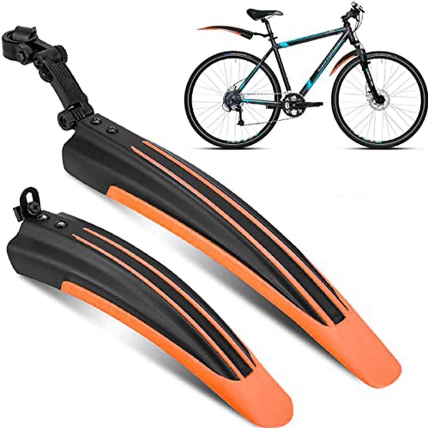 Paar schwarzer und orangefarbener Klipp-Schutzbleche für Fahrräder, gezeigt mit einem Fahrrad zur Größen- und Installationsdarstellung.