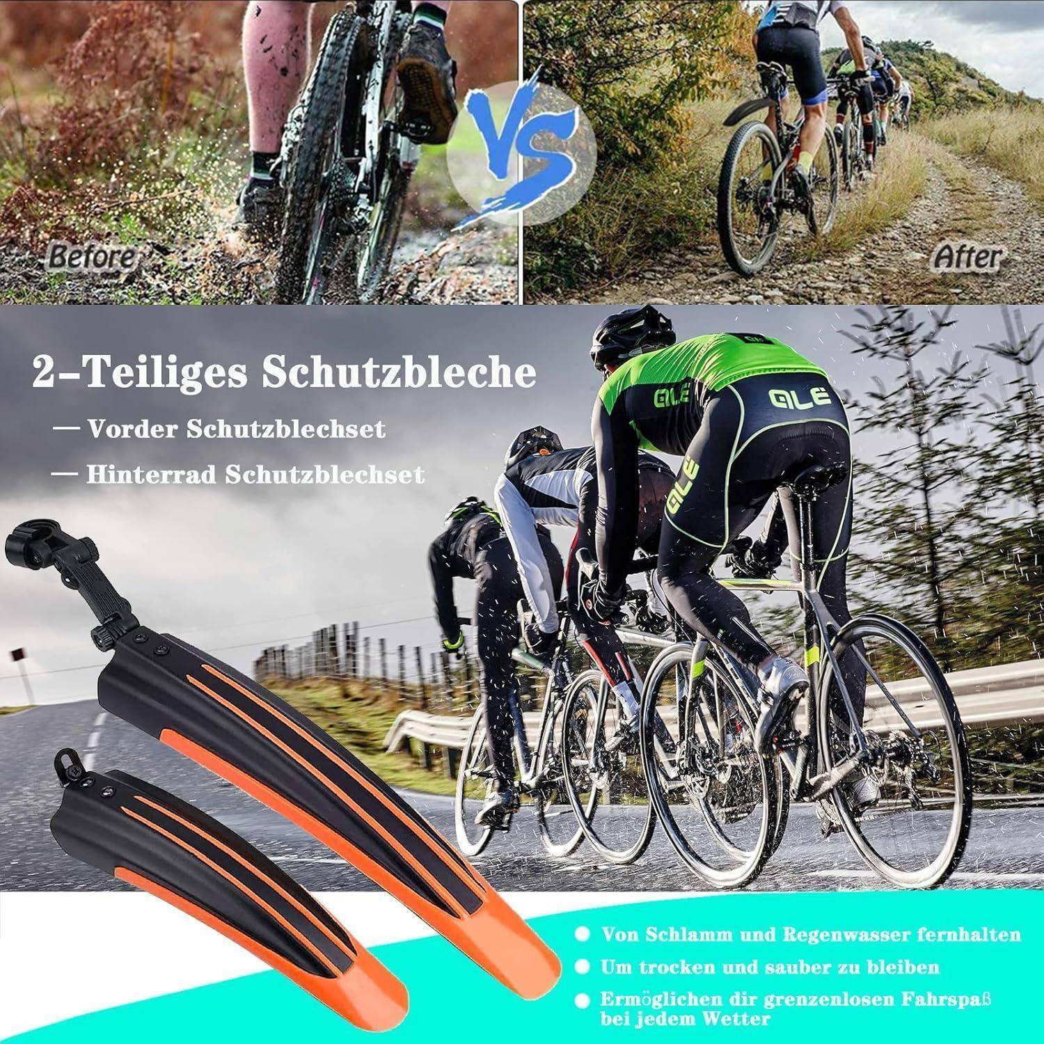 Werbe-Fahrradschutzblech-Bild mit Vorher-Nachher-Vergleich von schlammigen und saubereren Fahrten, Radfahrer auf nassen Straßen und einem zweiteiligen Schutzbleche-Set mit deutscher Beschriftung.